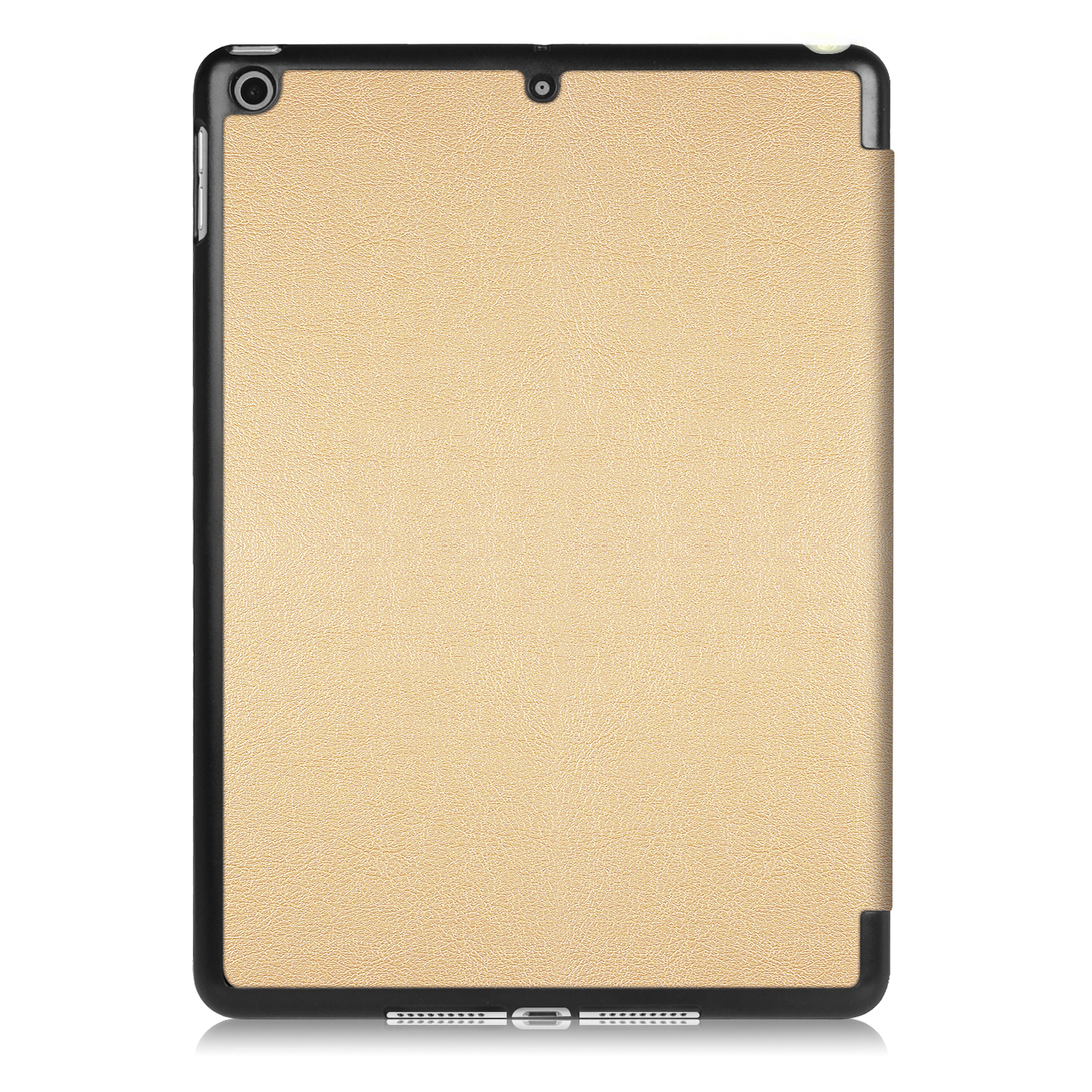 Tablet-Hülle, beigefarbene Lederstruktur, schwarzer Rahmen, weißer Hintergrund.