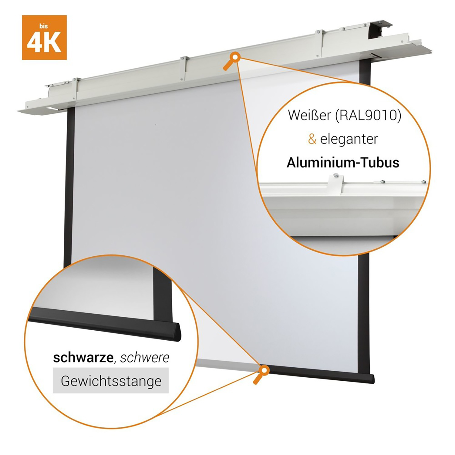 Eine weiße Projektionsleinwand mit schwarzer Leiste unten und Details des Aluminiumgehäuses.