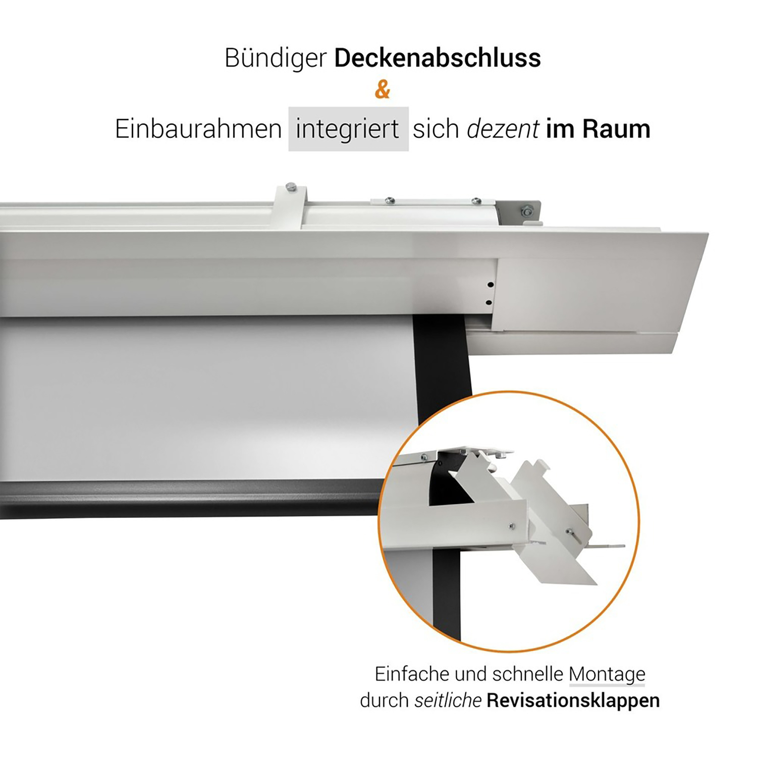 Eine deckenmontierte Projektorleinwand, die den Mechanismus mit Text auf Deutsch zeigt.