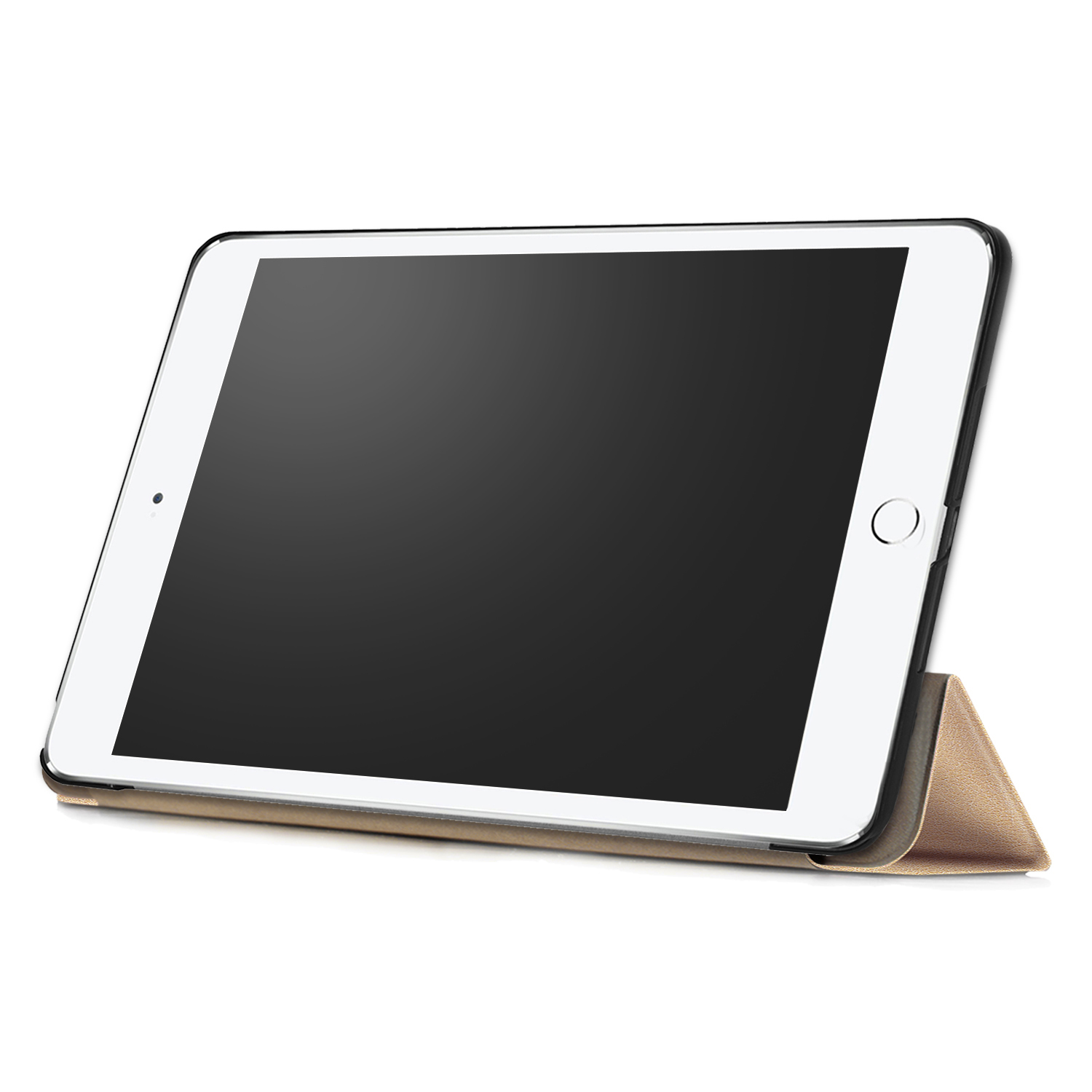 Tablet in beigem Etui, aufgestellt. Bildschirm ist schwarz und das Etui hat einen Ständer.