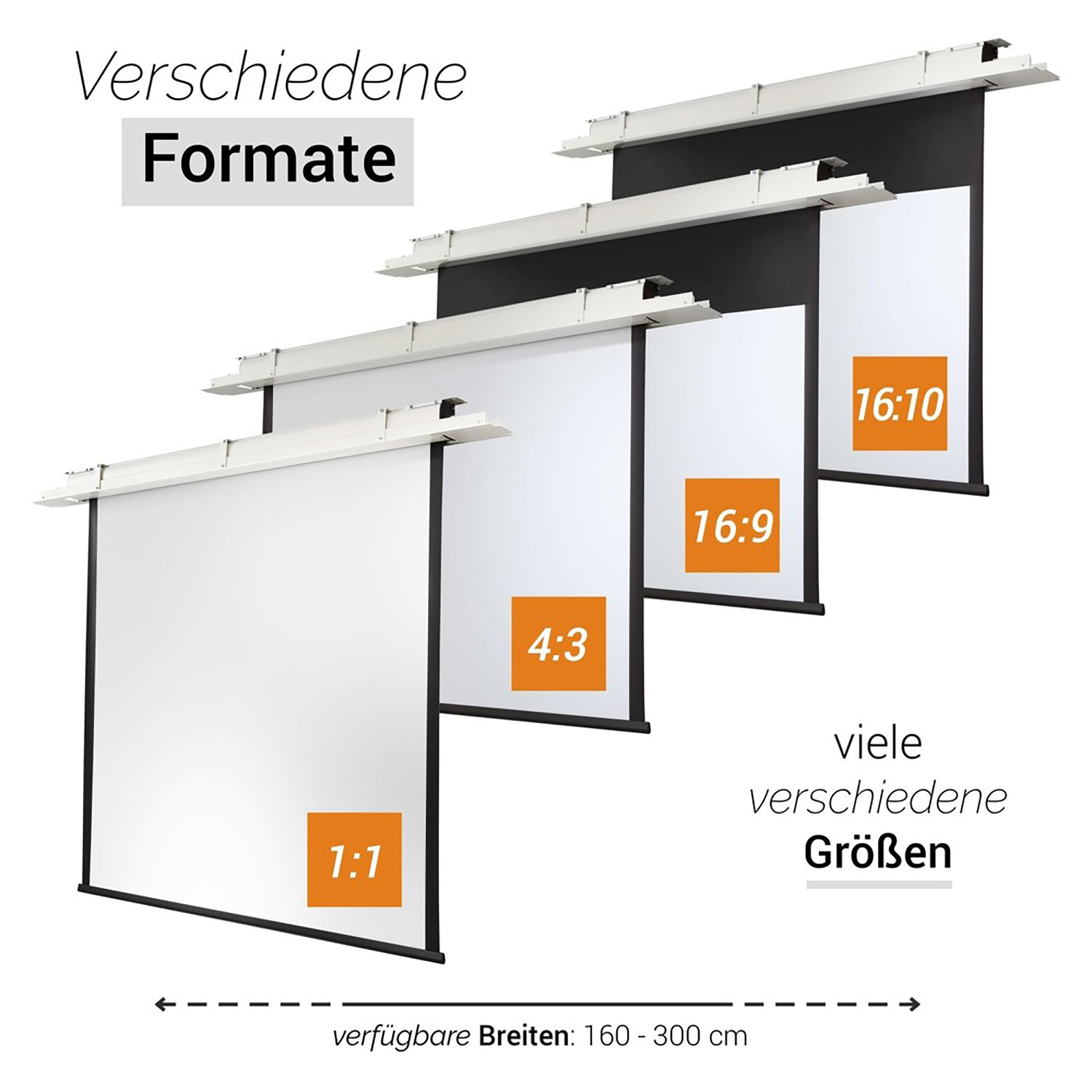 Mehrere weiße Projektionswände mit verschiedenen Seitenverhältnissen und weißen Rahmen.