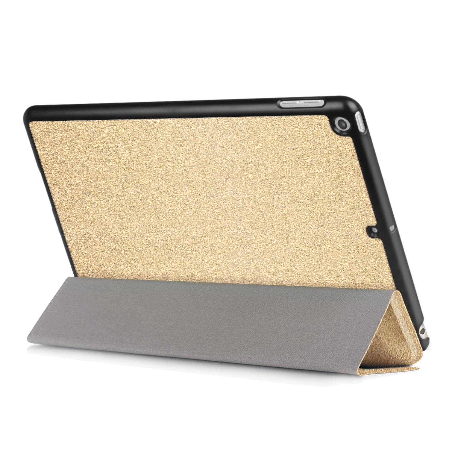 Hellbraune Tablet-Hülle mit schwarzem Rahmen, zusammengeklappt mit grauem Cover.