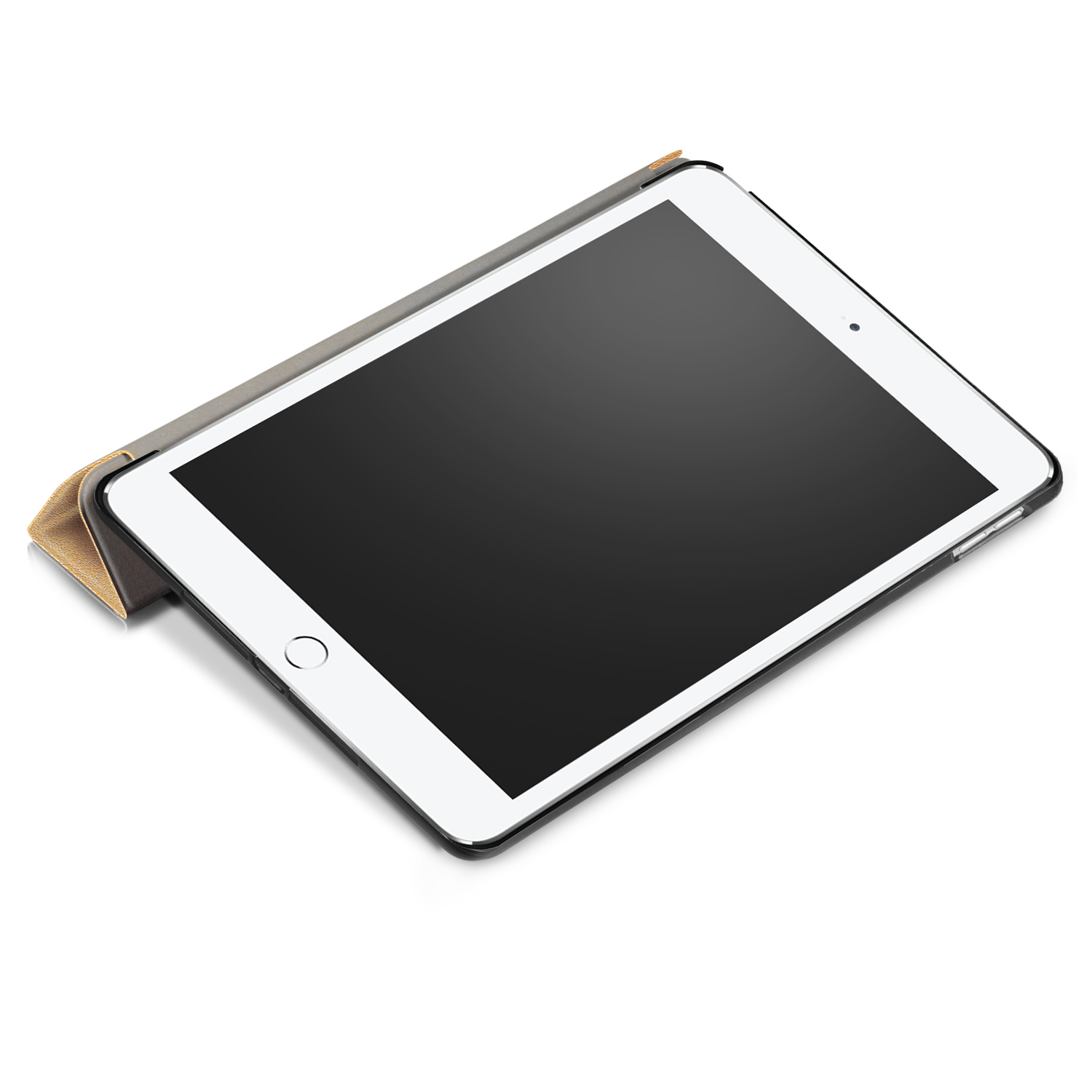Weißes Tablet mit schwarzem Rahmen in einer Hülle. Die Hülle hat eine hellbraune Abdeckung.