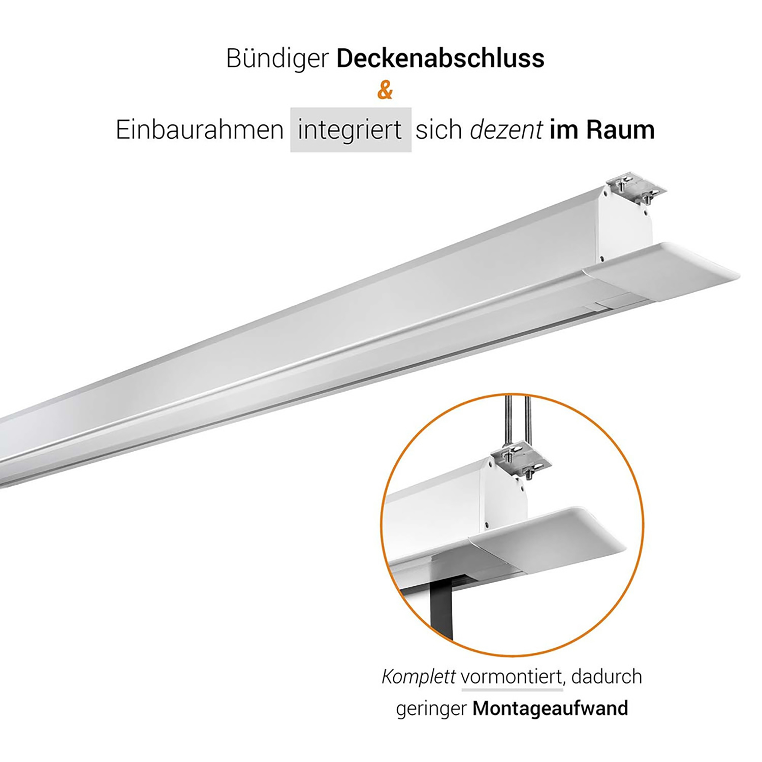 Weiße LED-Leuchte, montiert auf weißem Hintergrund. Die Leuchte wird im Detail gezeigt.