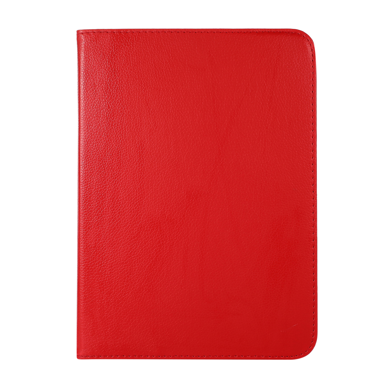 Rote Leder-Tablethülle, geschlossen und mit der Vorderseite. Die Hülle ist schlicht mit abgerundeten Ecken.