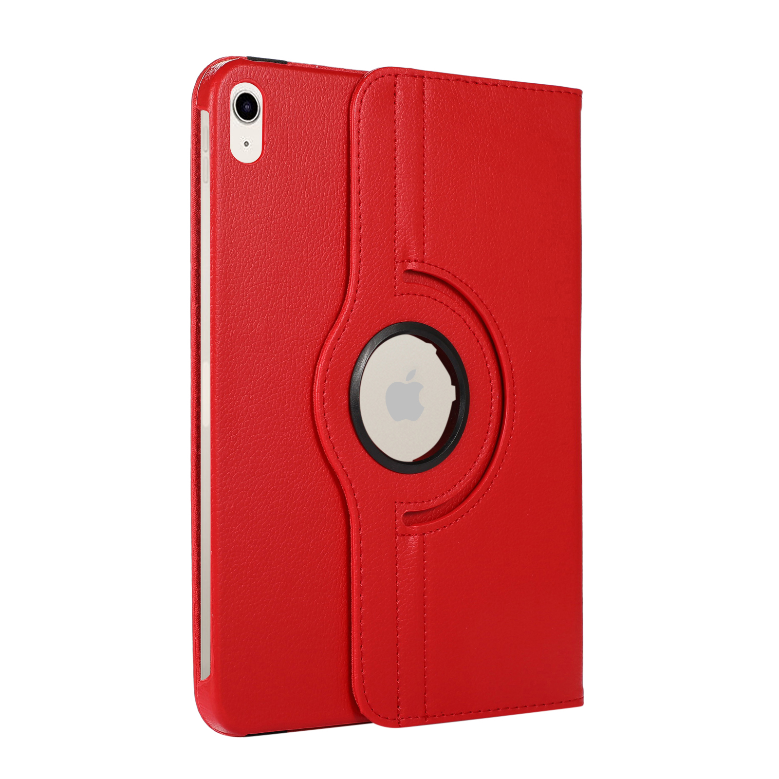 Rote iPad-Hülle, geöffnet, mit iPad und Apple-Logo.
