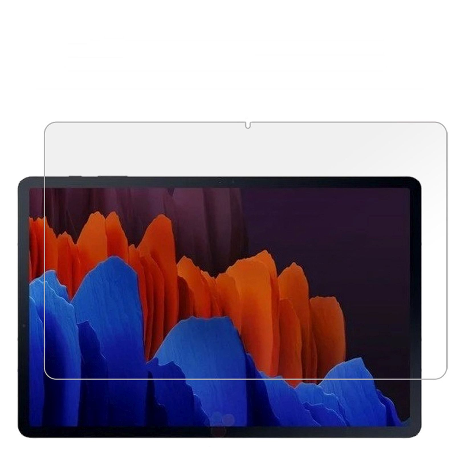 Un tablet con un proteggi schermo sopra. Mostra un'immagine astratta di colori arancione e blu.