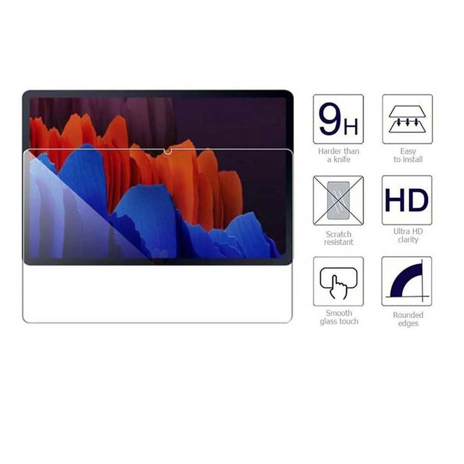 Schermo del tablet con protezione schermo. Icone a destra. Il testo indica che è HD.