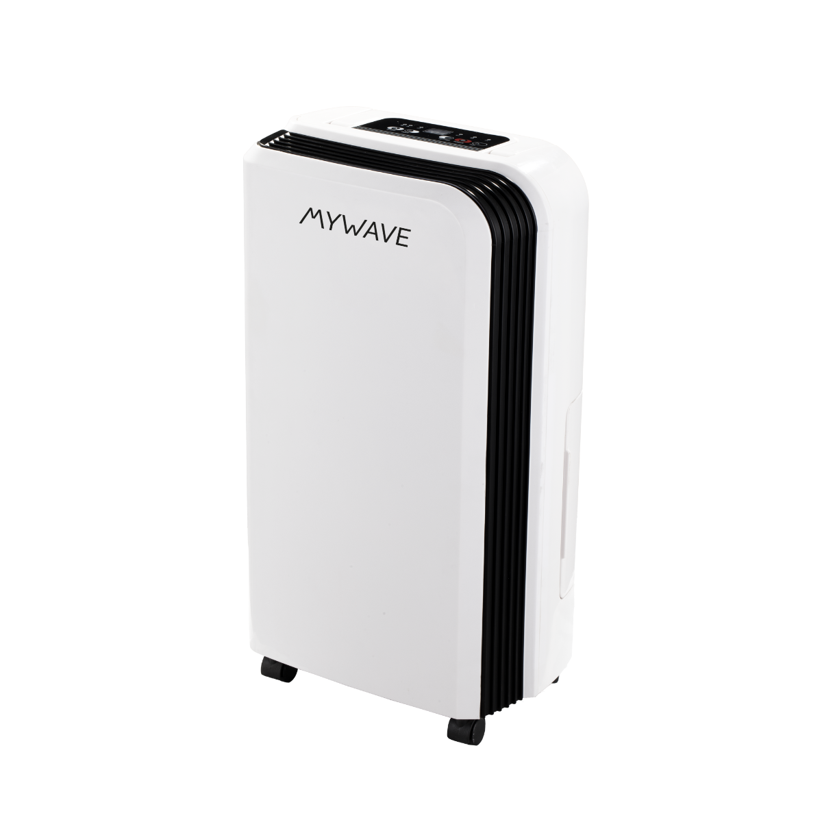 Un deshumidificador blanco con la parte superior y los laterales negros y el nombre de la marca 'MYWAVE' en la parte frontal.