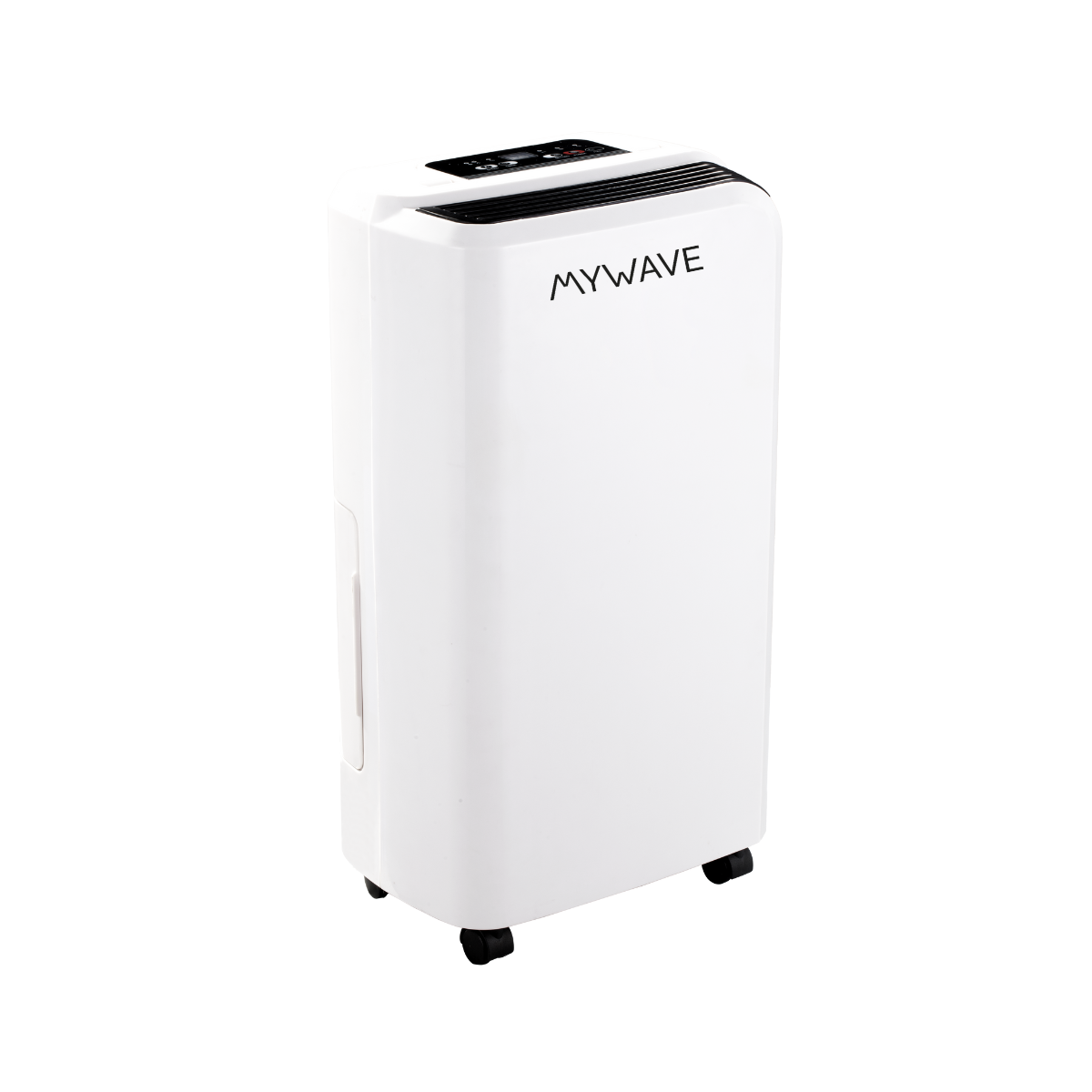 Deshumidificador blanco. Tiene un panel de control en la parte superior. Logotipo MYWAVE negro visible.