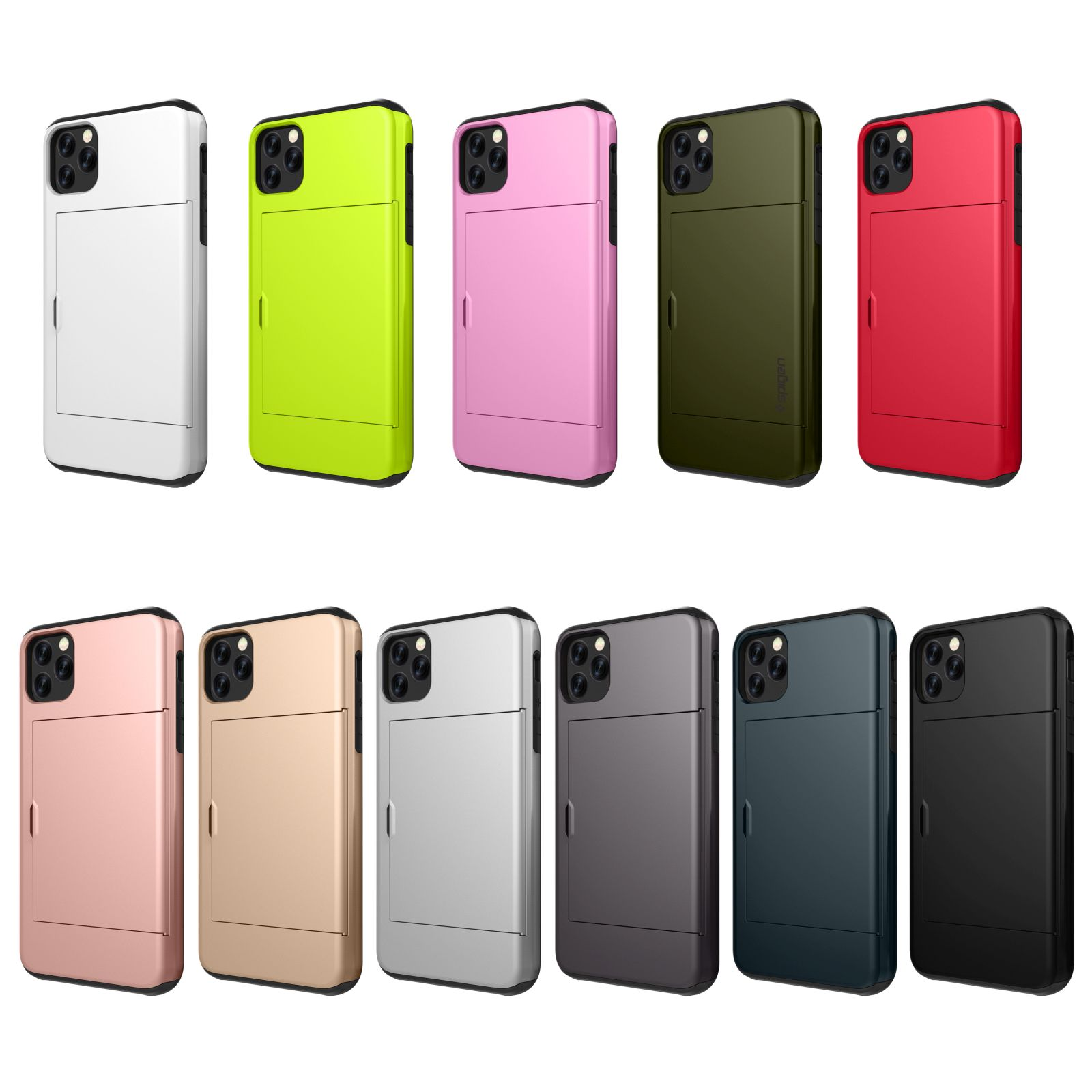Eine Sammlung von Handyhüllen in verschiedenen Farben: Weiß, Grün, Rosa, Oliv, Rot, Roségold, Gold, Silber, Grau, Schwarz.
