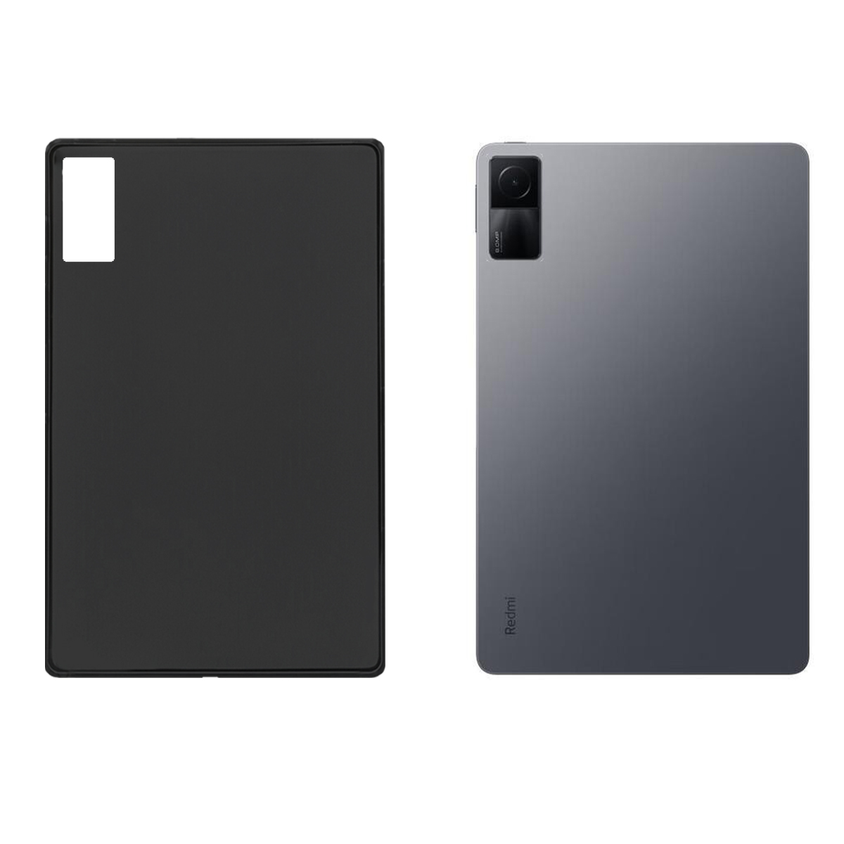 Tablethülle und Rückseite eines Tablets mit Kameramodul. Schwarz und grau.