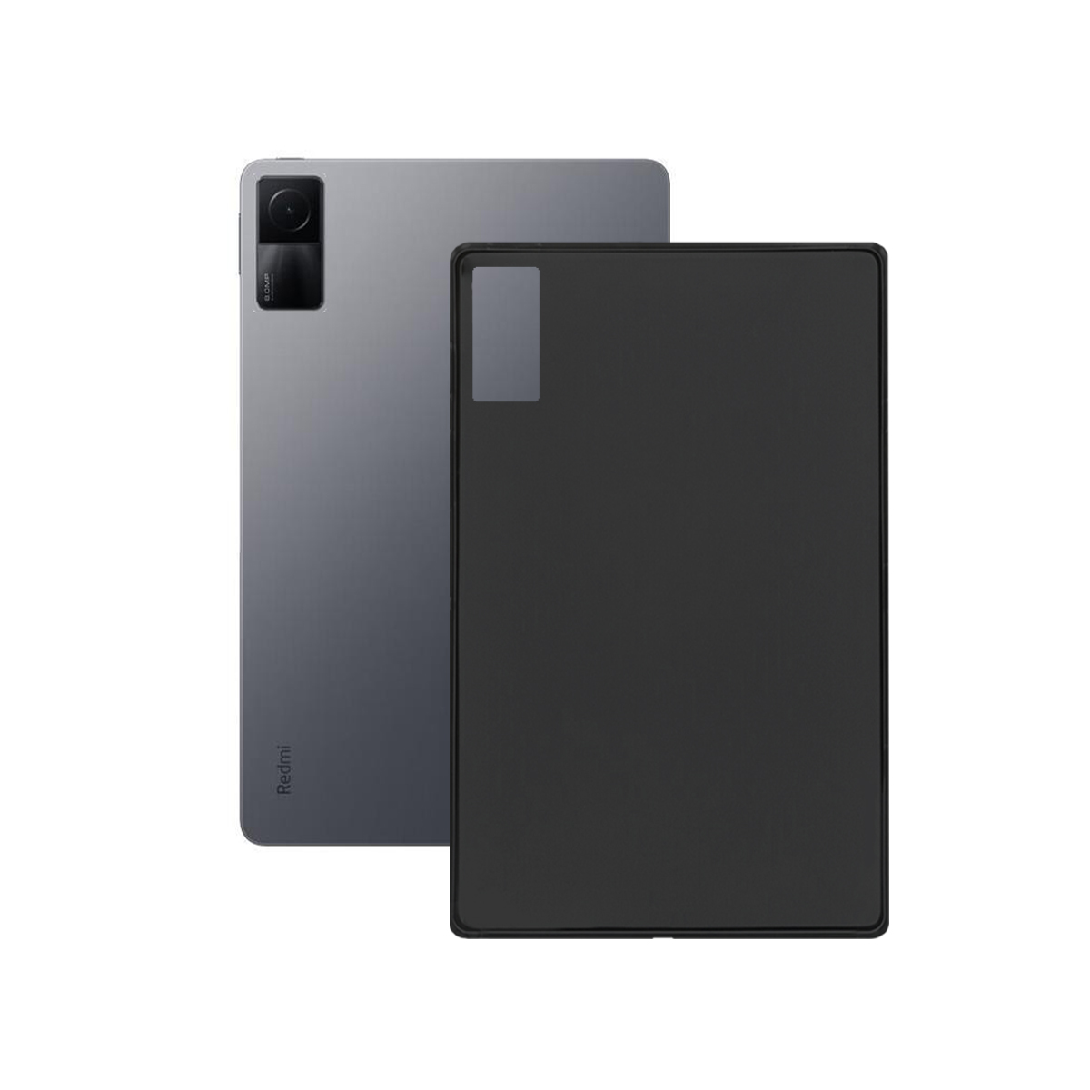 Ein graues Tablet mit schwarzer Hülle, auf weißer Oberfläche platziert.