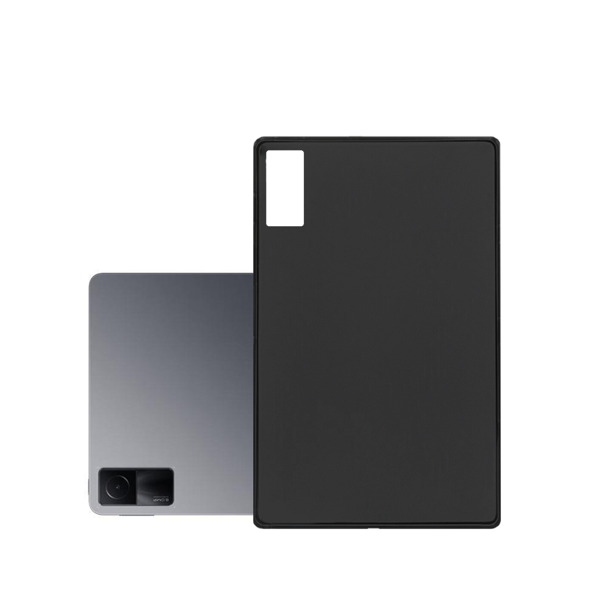 Schwarzes Tablet mit schwarzer Hülle auf weißem Hintergrund.