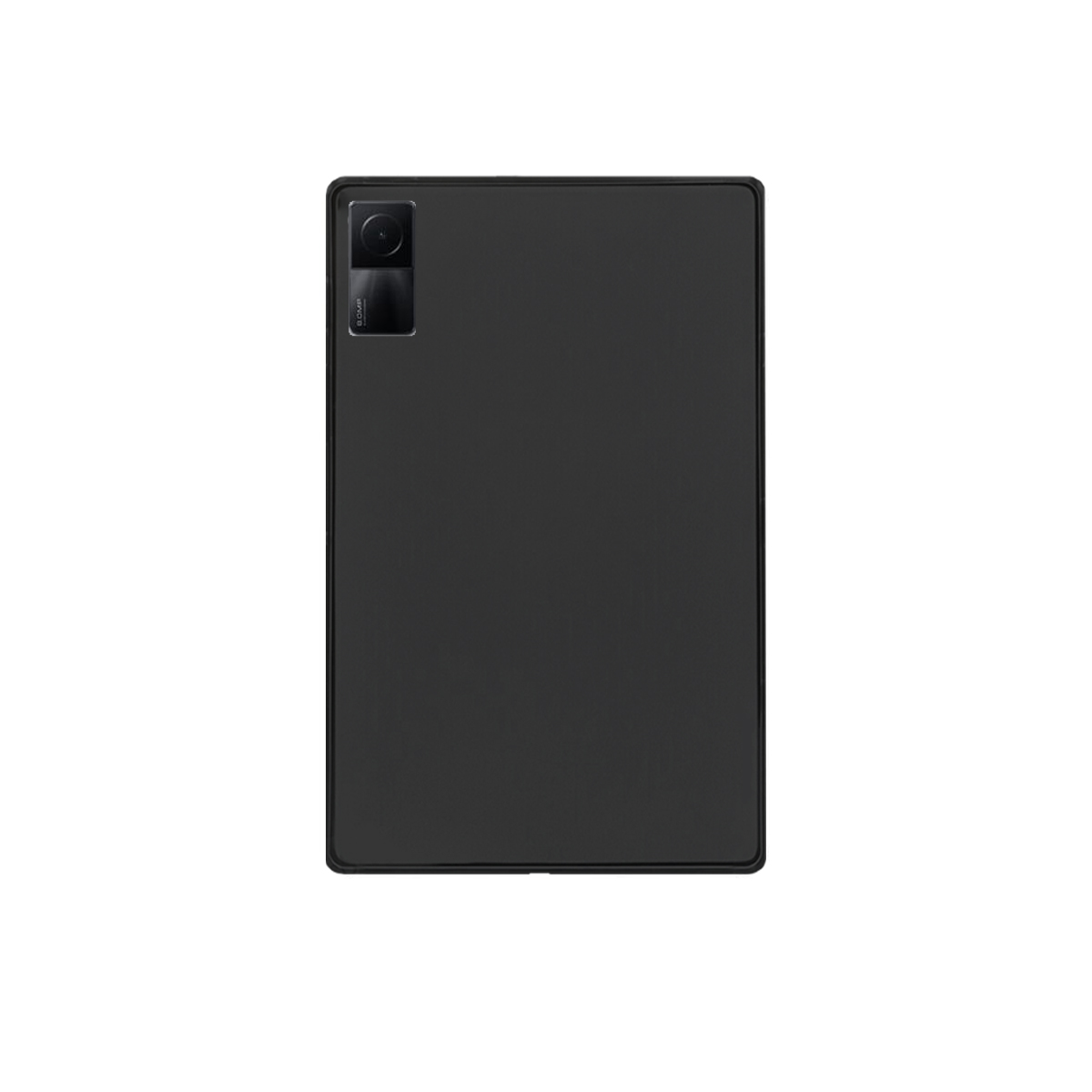 Schwarzes Tablet mit Kameraausbuchtung. Die Rückseite ist schlicht schwarz mit einem Kameramodul.