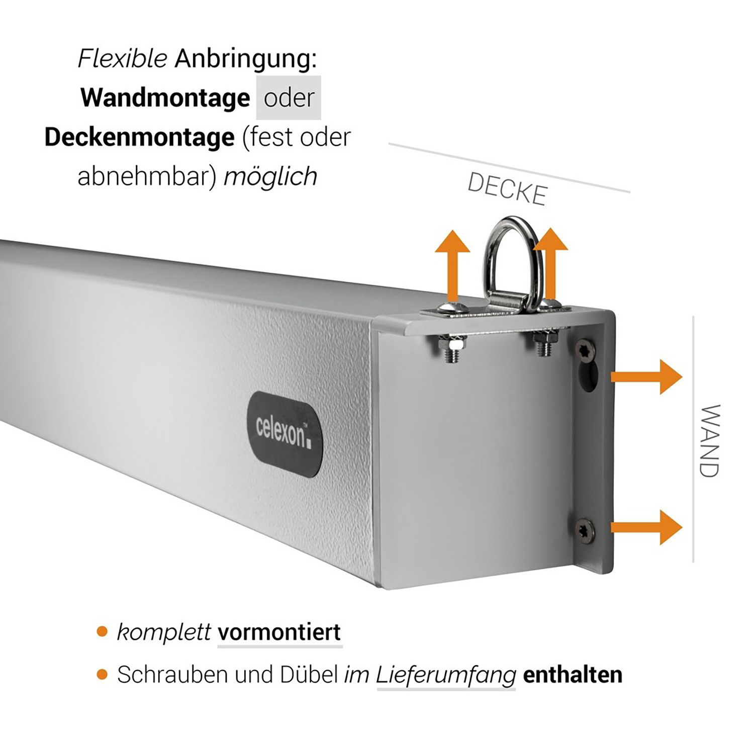 Eine silberne Projektorhalterung mit Pfeilen, die Wand- und Deckenmontageoptionen anzeigen, und deutscher Text.