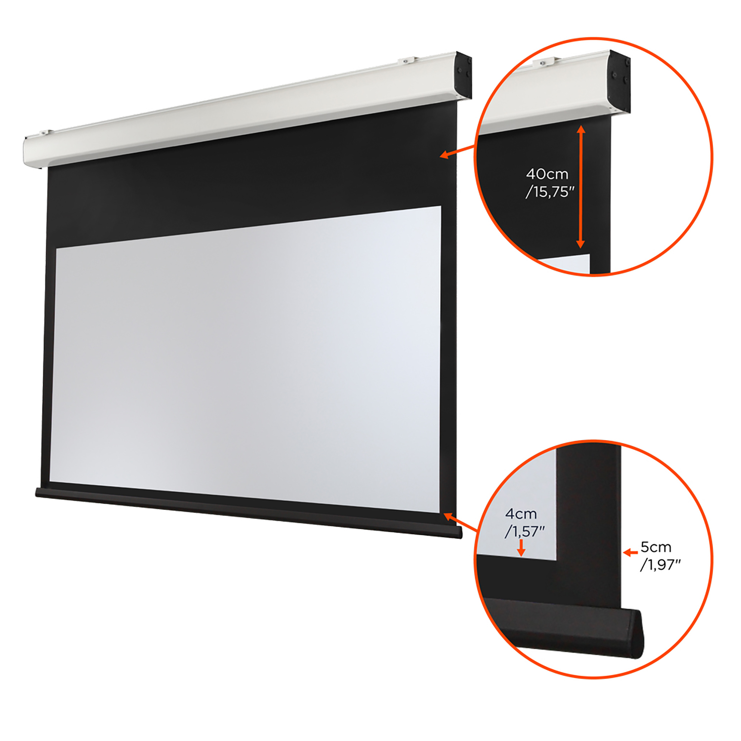Weiße Leinwand und schwarzes Gehäuse, Projektorleinwand mit Maßen in cm und Zoll.