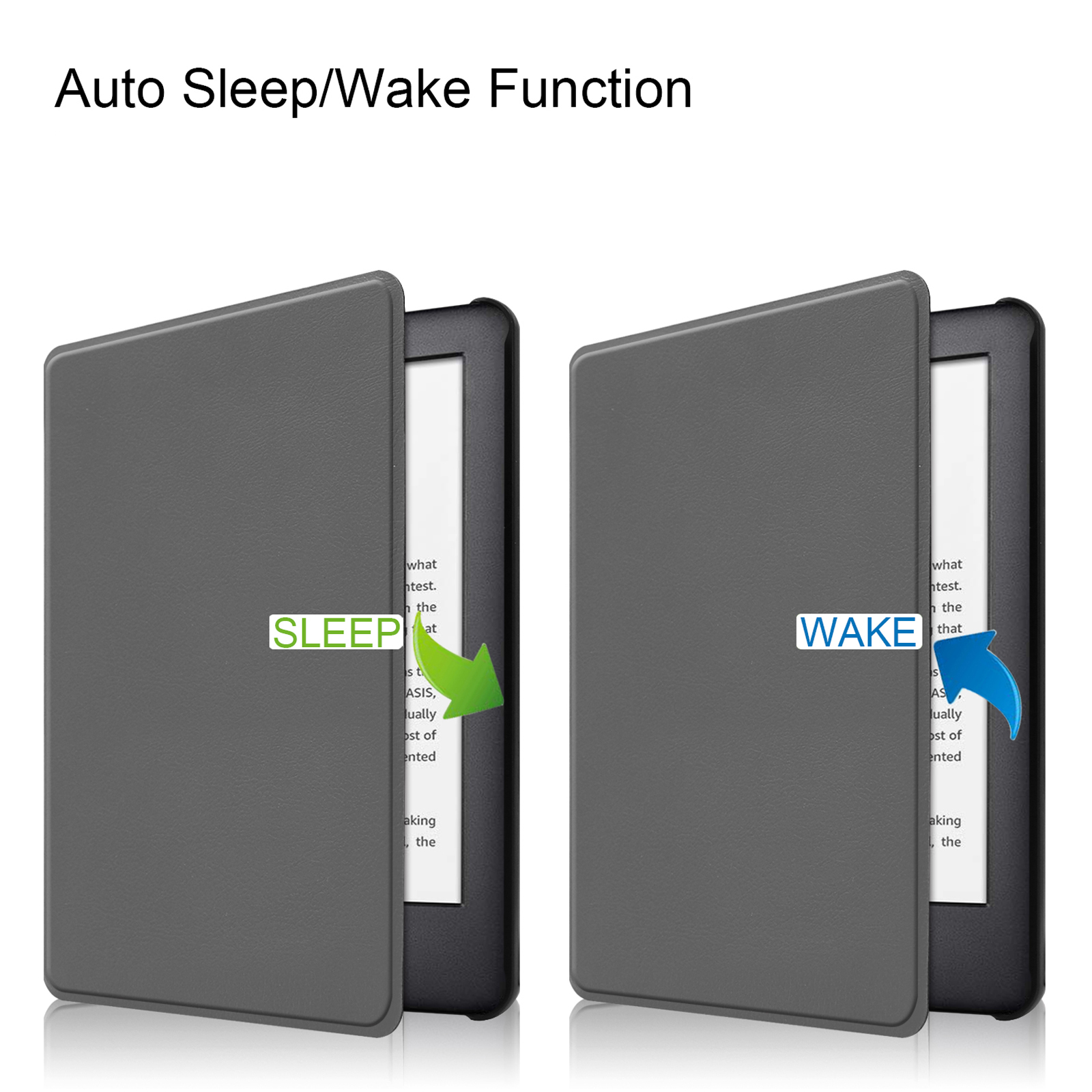 Zwei E-Reader mit geöffneten Hüllen mit den Labels "SLEEP" und "WAKE".