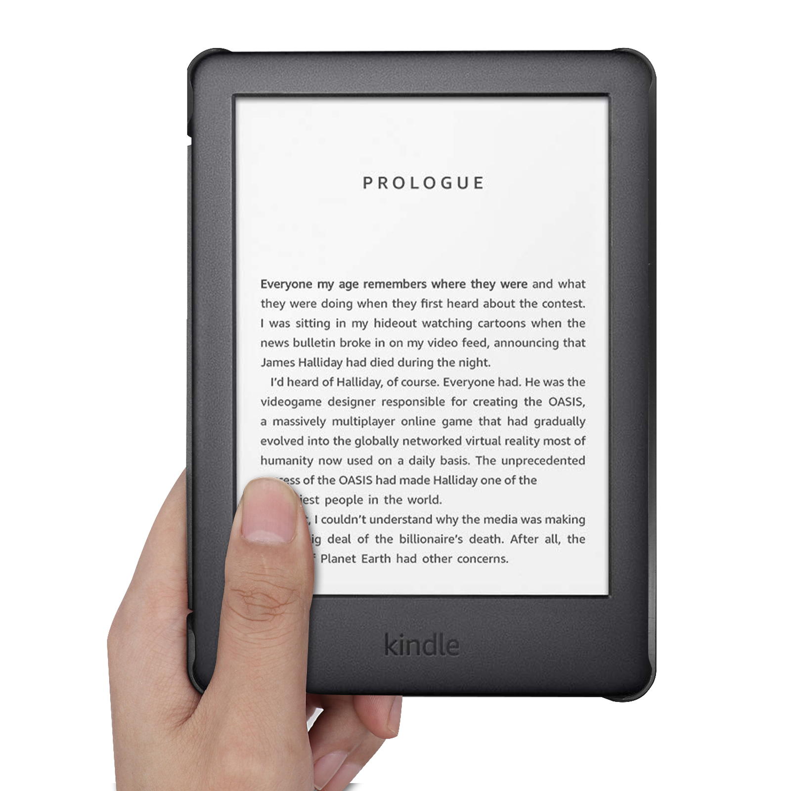 Eine Hand, die einen schwarzen Kindle hält, der das 'Prolog' eines Buches anzeigt.