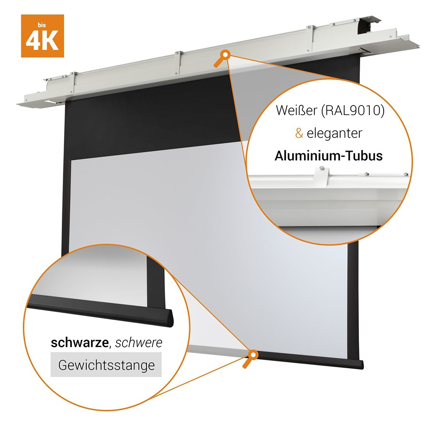 Projektorleinwand, weiß und schwarz. Enthält Etiketten und Produktdetails. Nahaufnahme.