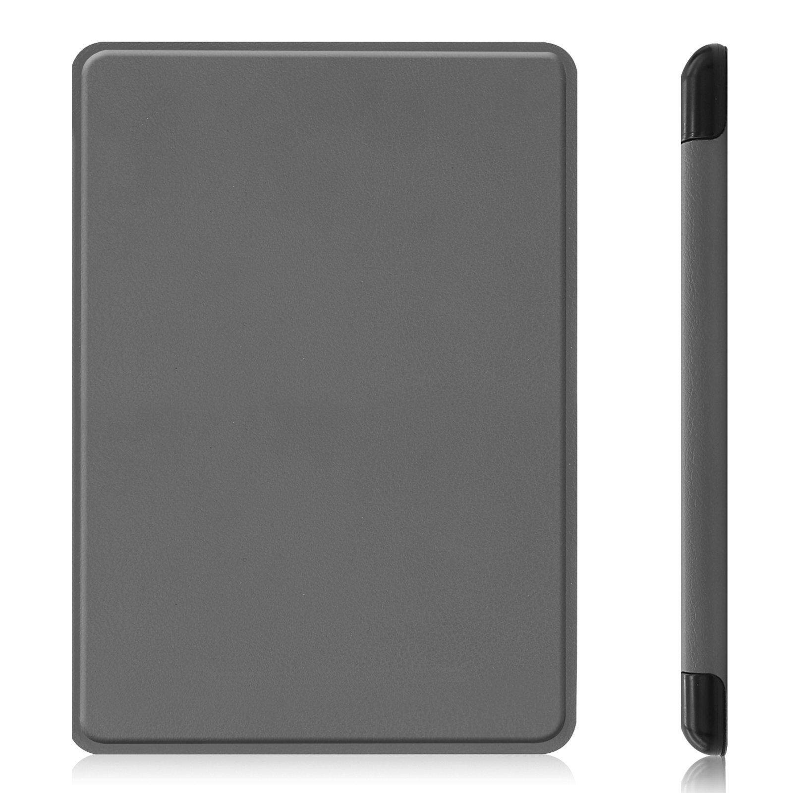 Graue Tablet-Hülle, Vorder- und Seitenansicht, isoliert auf Weiß. Hülle hat eine glatte Oberfläche.
