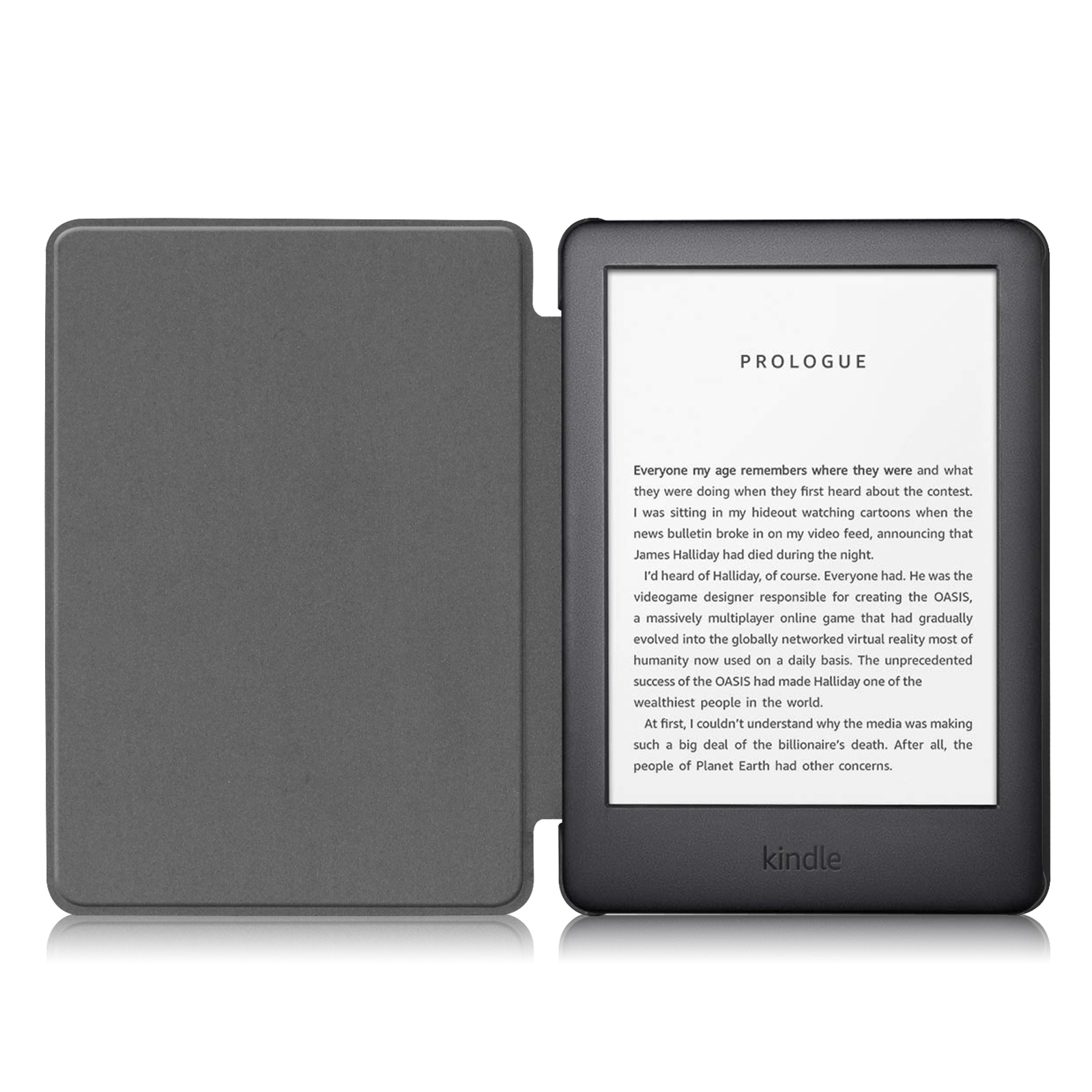 Kindle-Gerät mit geöffneter Hülle, zeigt Text auf dem Bildschirm.