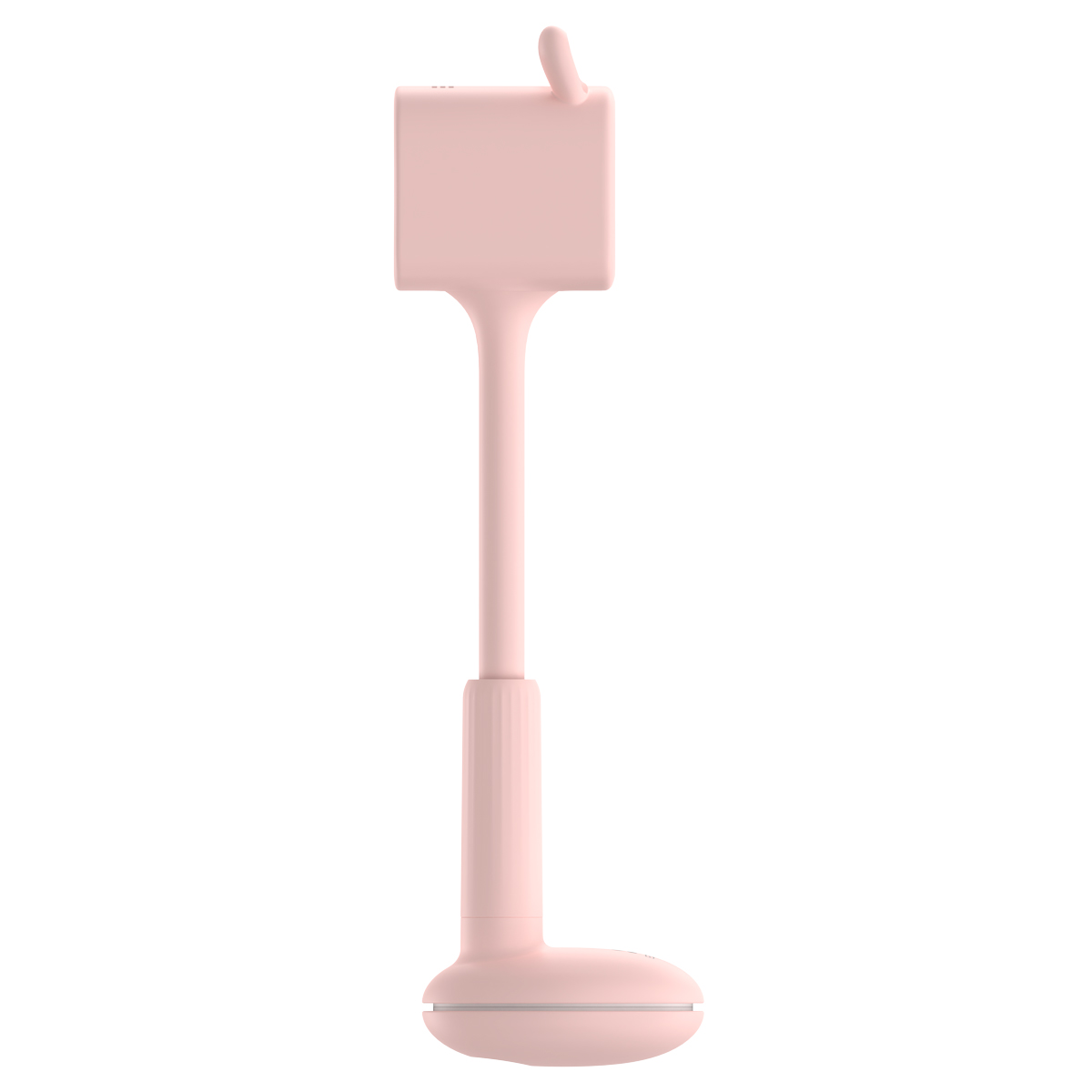 Ein rosa Babyphone. Es ist hoch und hat einen rechteckigen oberen Teil mit abgerundeter Basis.