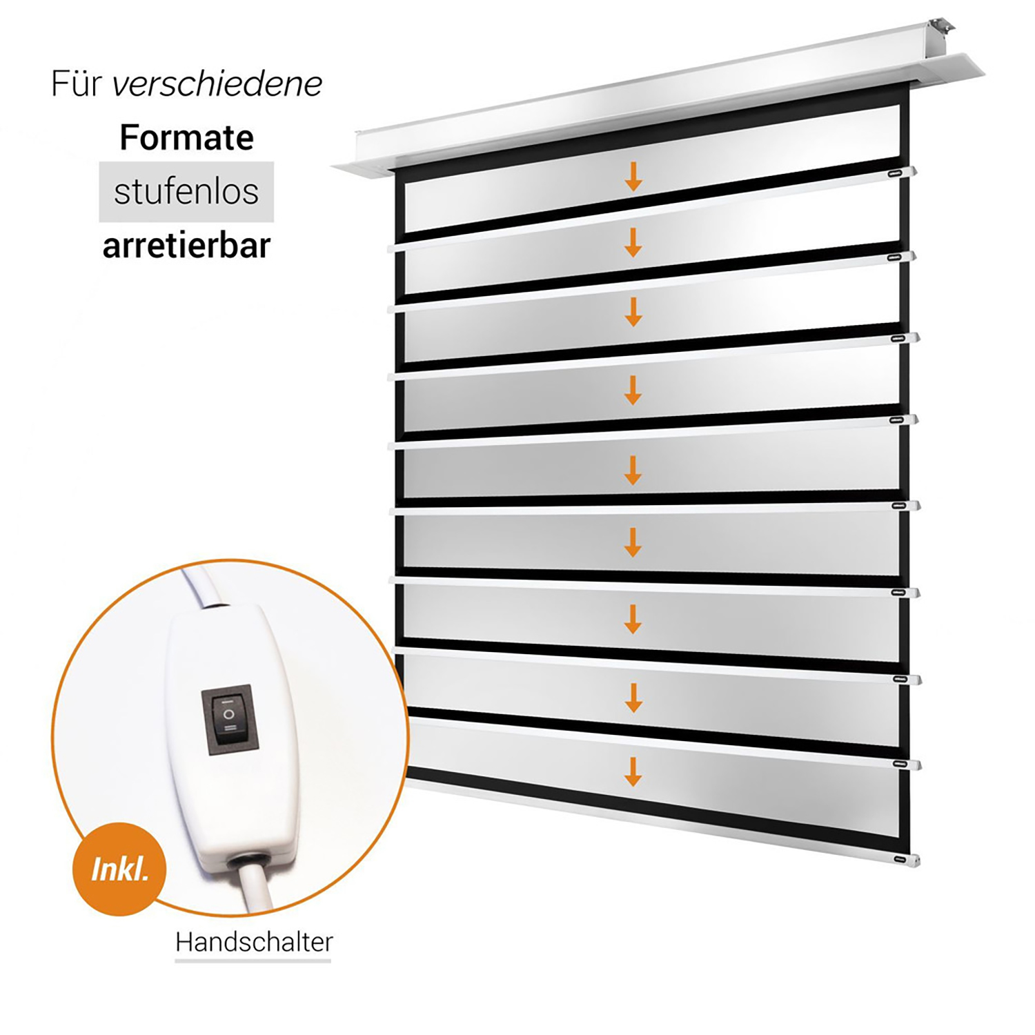 Eine einziehbare Leinwand mit einem Steuerschalter, Text und Pfeilen nach unten.