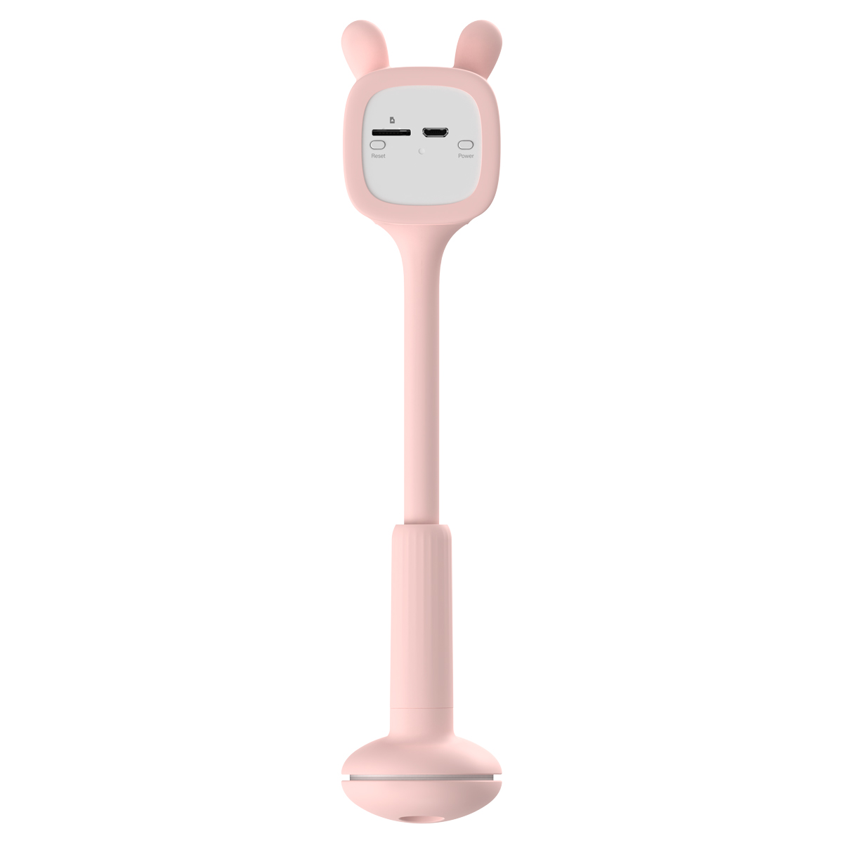 Ein rosa, hasenohrförmiger Telefonständer. Er hat einen langen Stiel und eine abgerundete Basis. Er ist auf weißem Hintergrund.