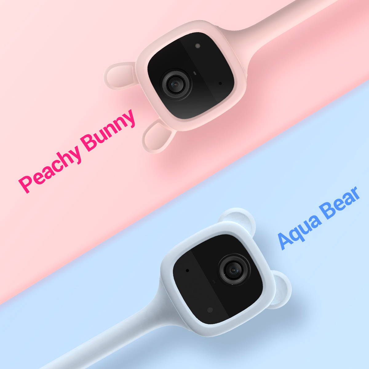 Zwei Babyphone. Eines rosa mit Hase, das andere blau mit Bär. Text auf dem Bild.