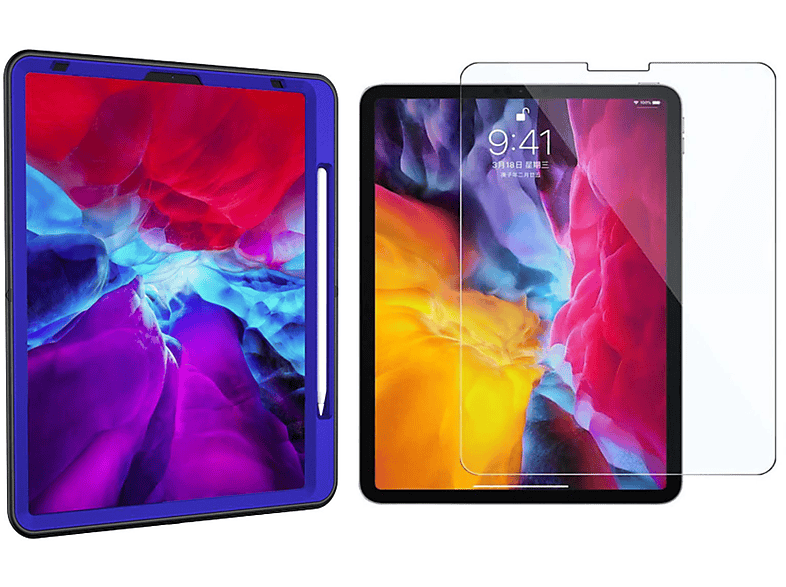 LOBWERK 2in1 Set (Schutzhülle + Schutzglas) Case Bookcover für Apple iPad Pro 12.9 2018 2020 12.9 Zoll Kunststoff, Blau