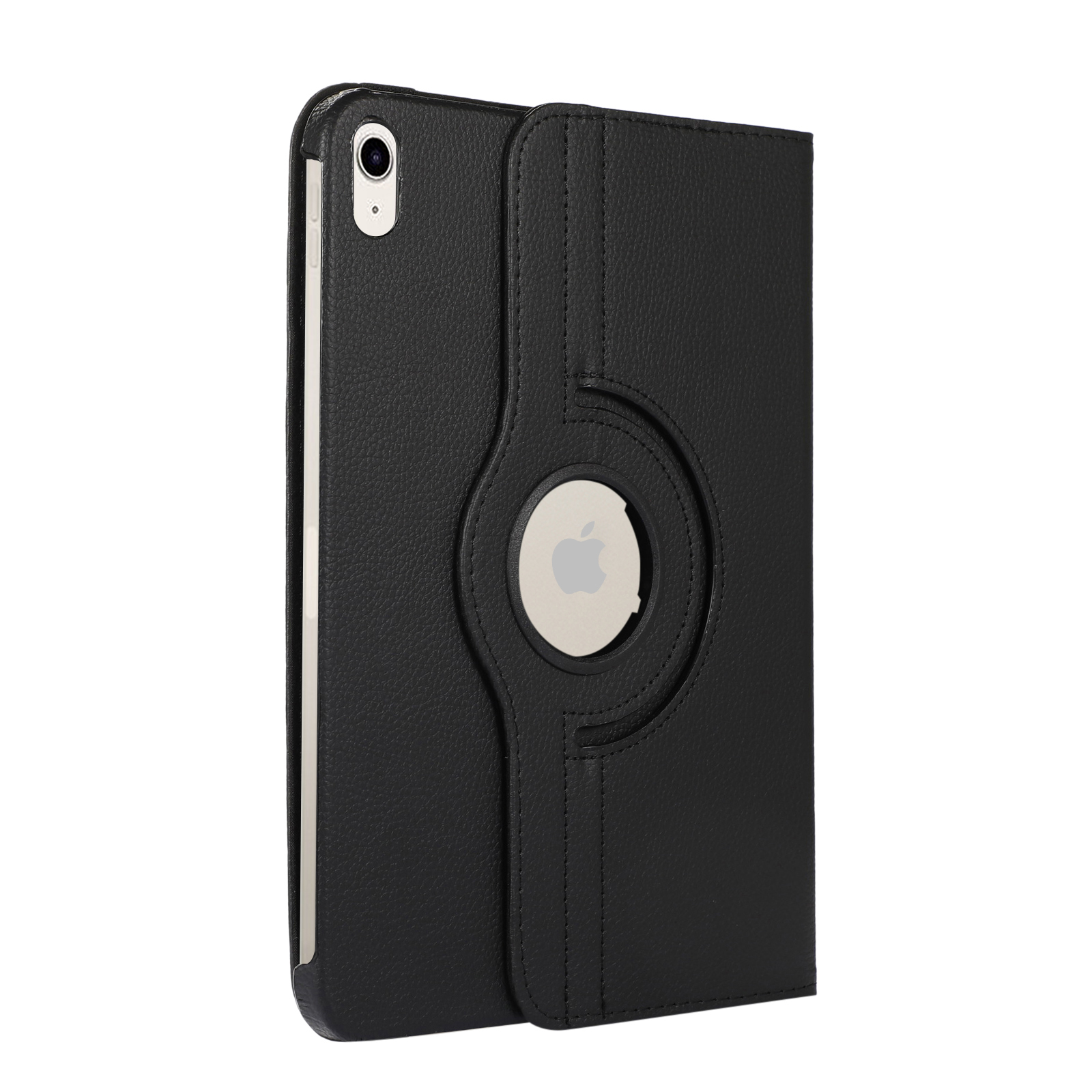 Schwarze Handyhülle, geöffnet, mit freigelegtem Apple-Logo. Zeigt das eingesetzte Telefon.