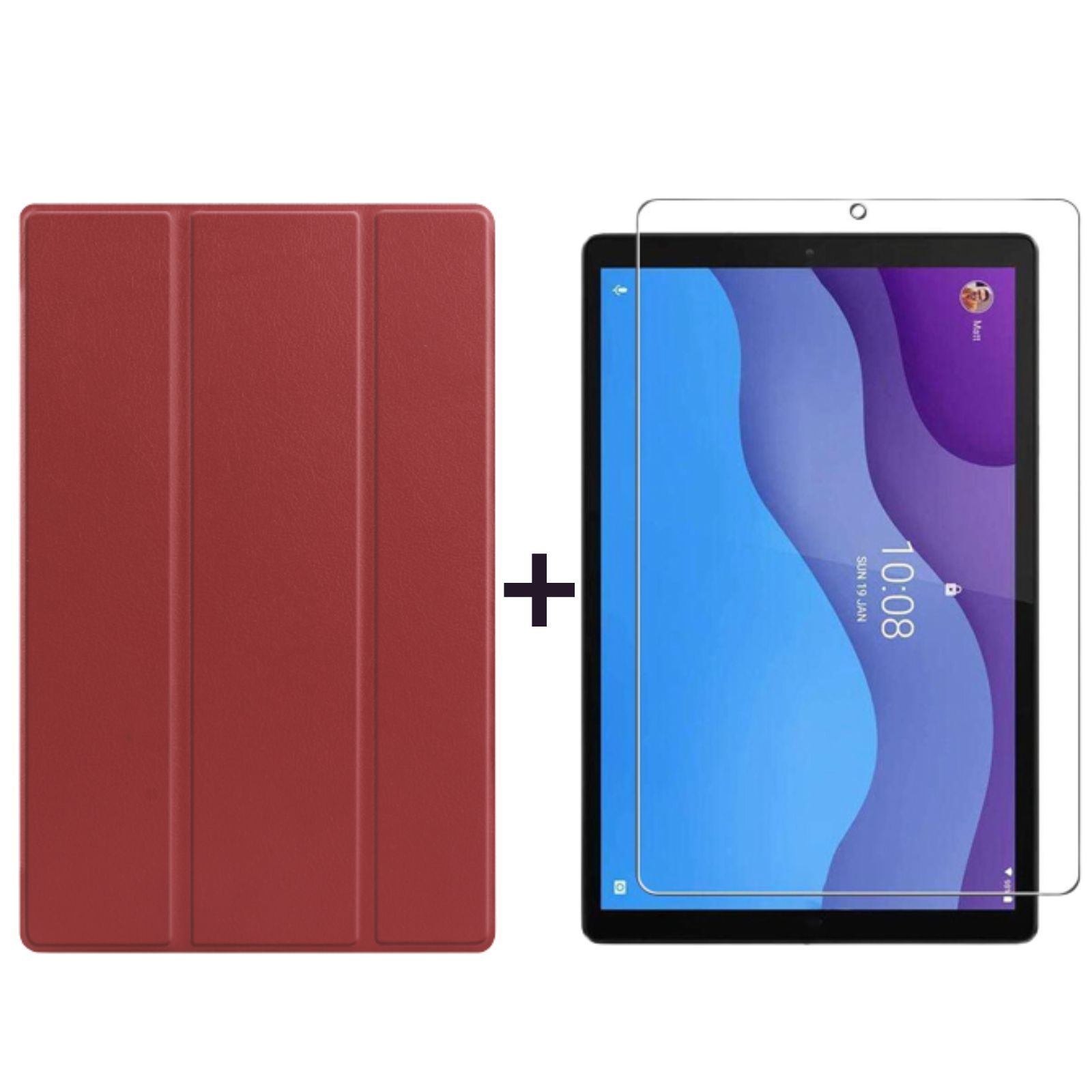 Rote Tablet-Hülle und Displayschutzfolie neben einem Tablet. Die Displayschutzfolie ist klar.
