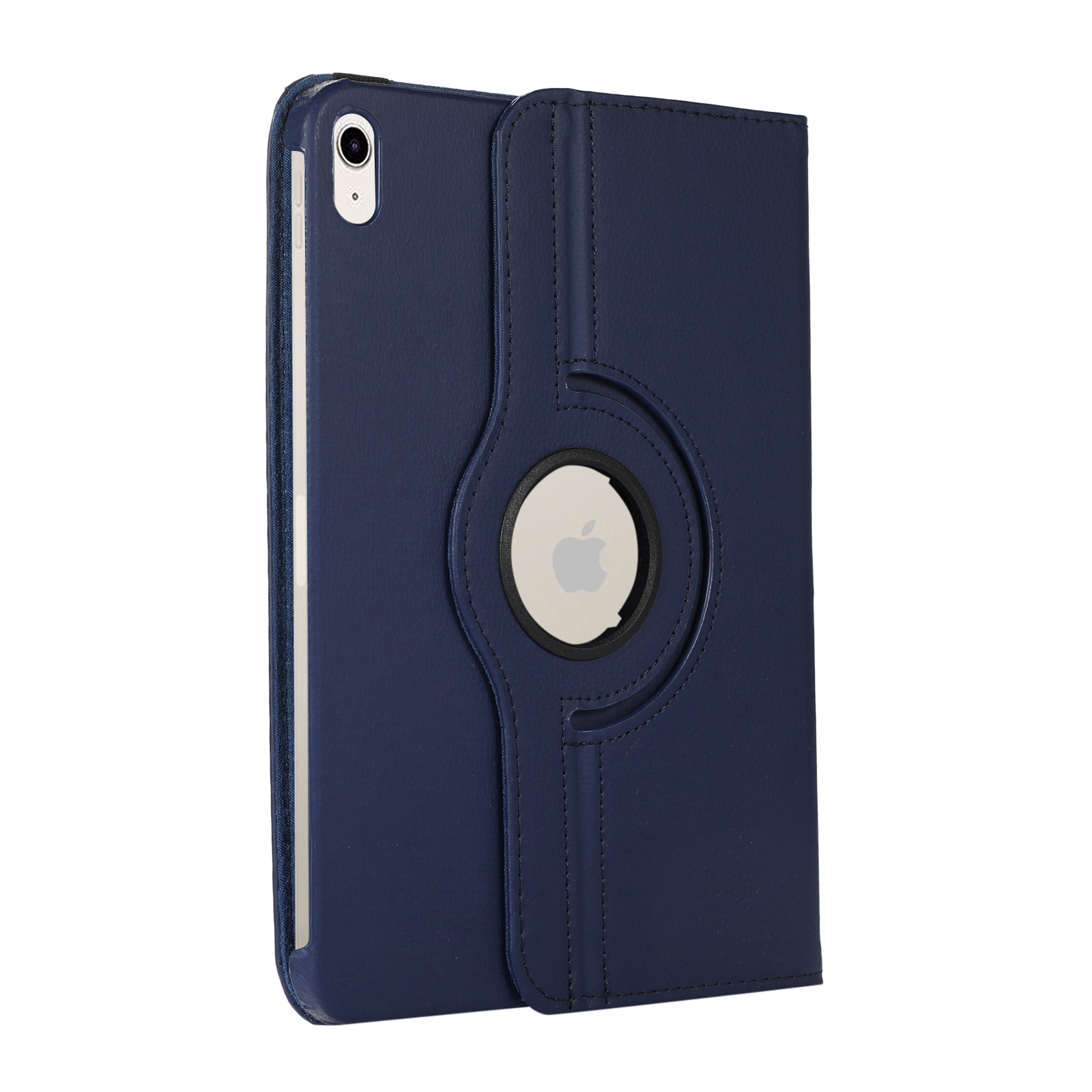 Eine blaue Tablet-Hülle aus Leder mit einem drehbaren Apple-Logo-Ausschnitt und Kamera.