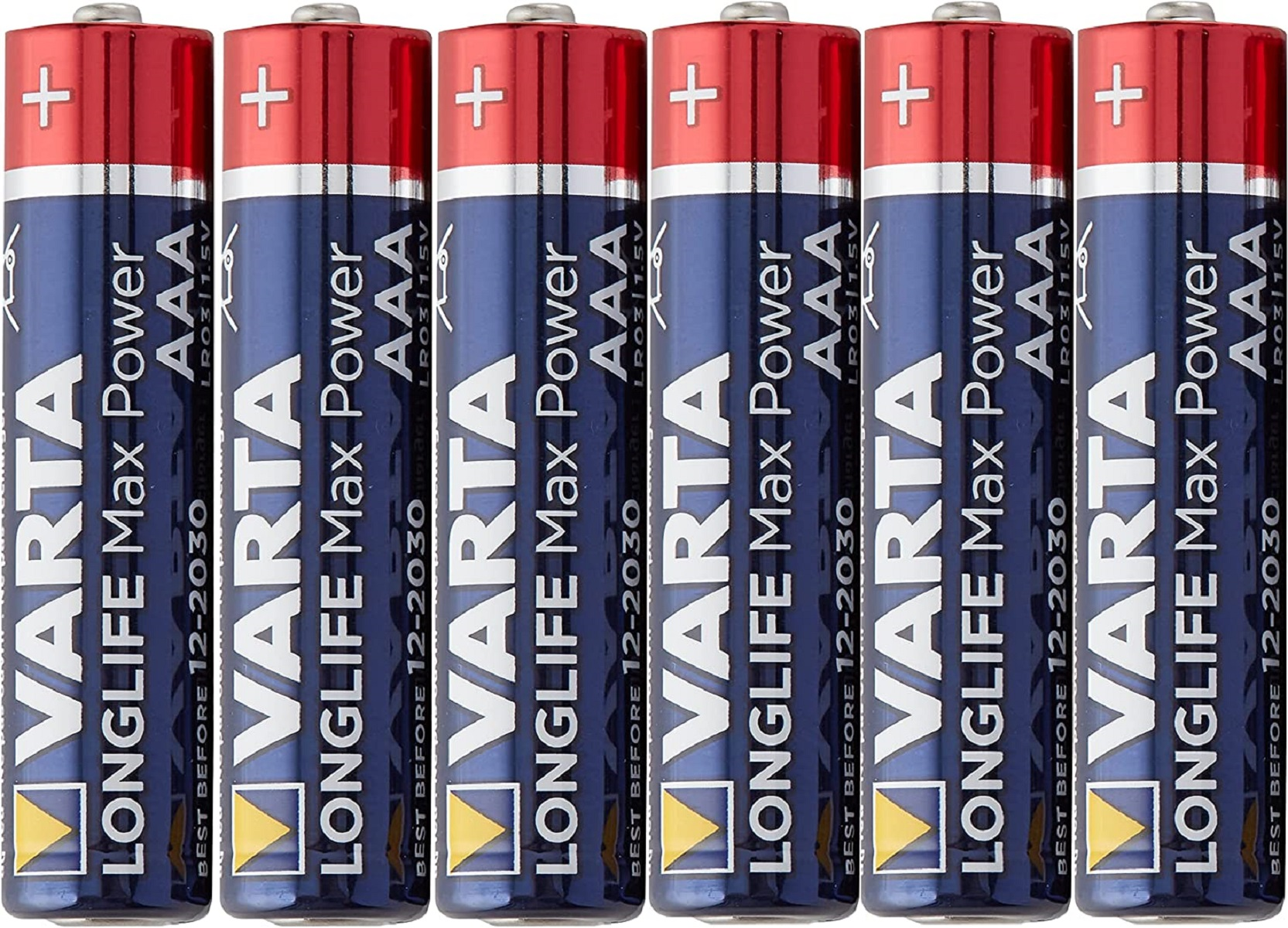 Sei batterie AAA in fila. Sono Varta Longlife Max Power. Confezione blu e rossa.