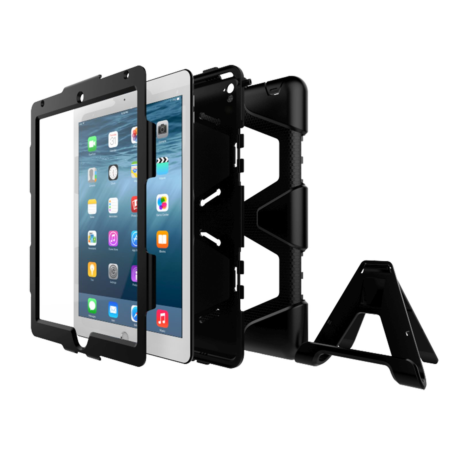 Tablet-Hülle mit getrennten Komponenten, die das Tablet und seine Teile zeigen. Ein Ständer ist enthalten.