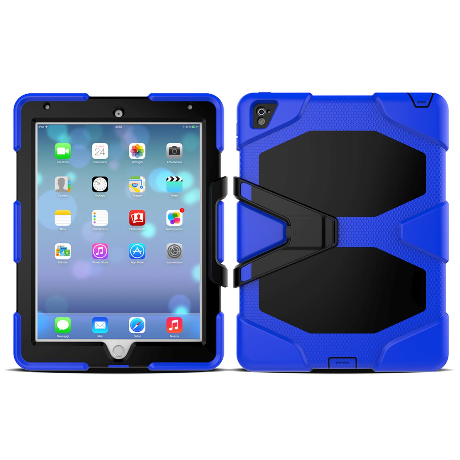 Eine blau-schwarze Tablethülle wird mit einem Tablet darin gezeigt.