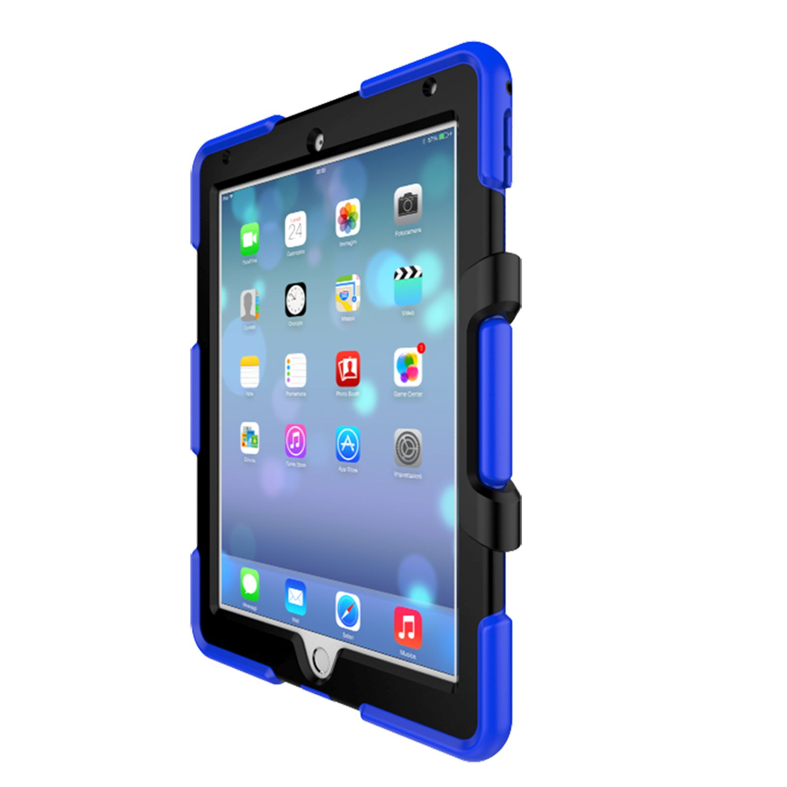 Tablet in blau-schwarzer Hülle, zeigt App-Symbole und eine Kalenderseite.
