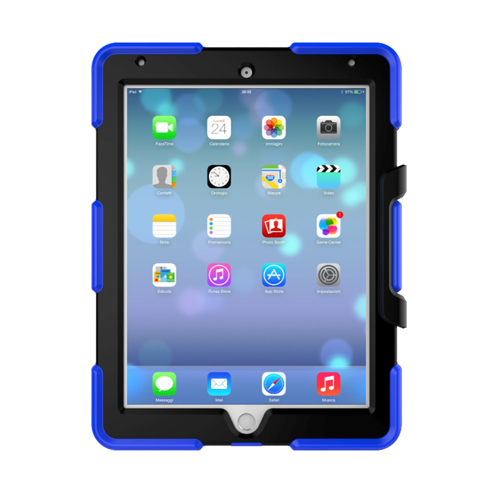 Ein iPad in einer schützenden blau-schwarzen Hülle, Apps auf dem Bildschirm sichtbar.