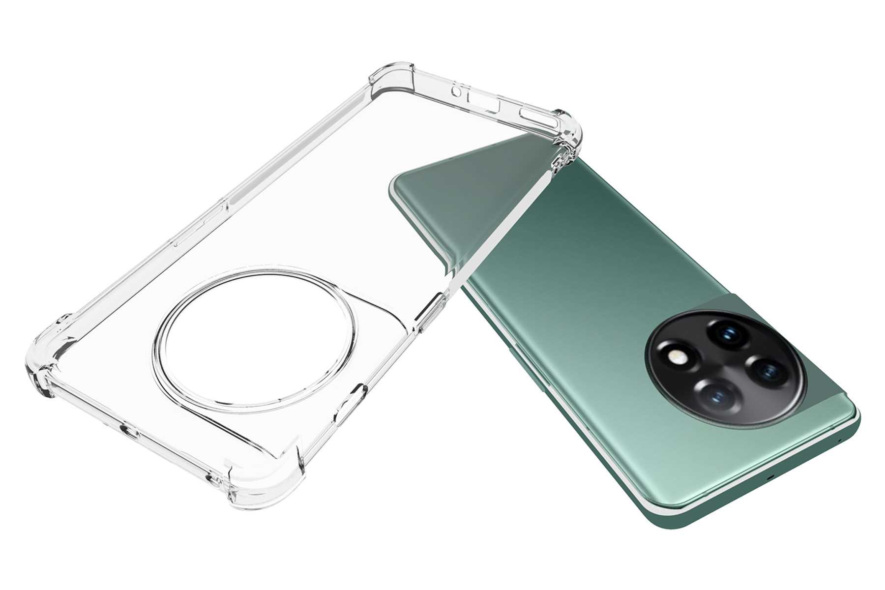 Transparente Handyhülle neben einem grünen Telefon mit kreisförmigem Kameradesign.