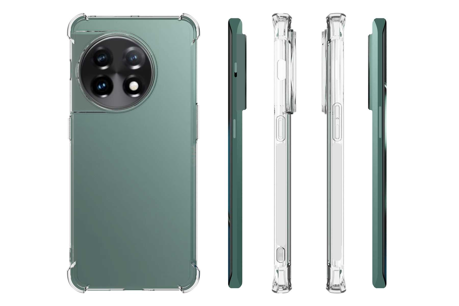 Handyhülle mit mehreren Ansichten. Die Hülle ist grün und transparent mit einem schlanken Design.