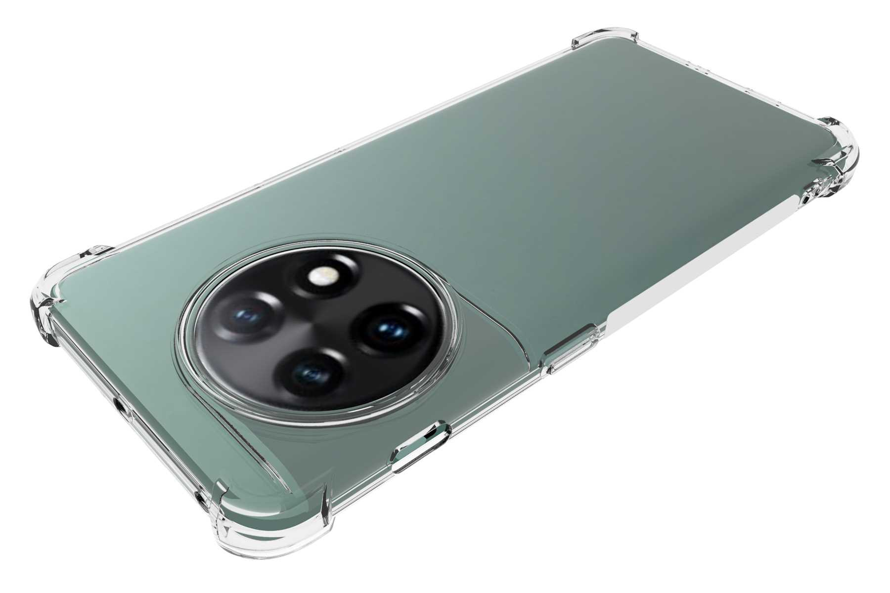 Eine transparente Handyhülle mit Kameraerhöhung über einem Telefon mit teal-grüner Rückseite.