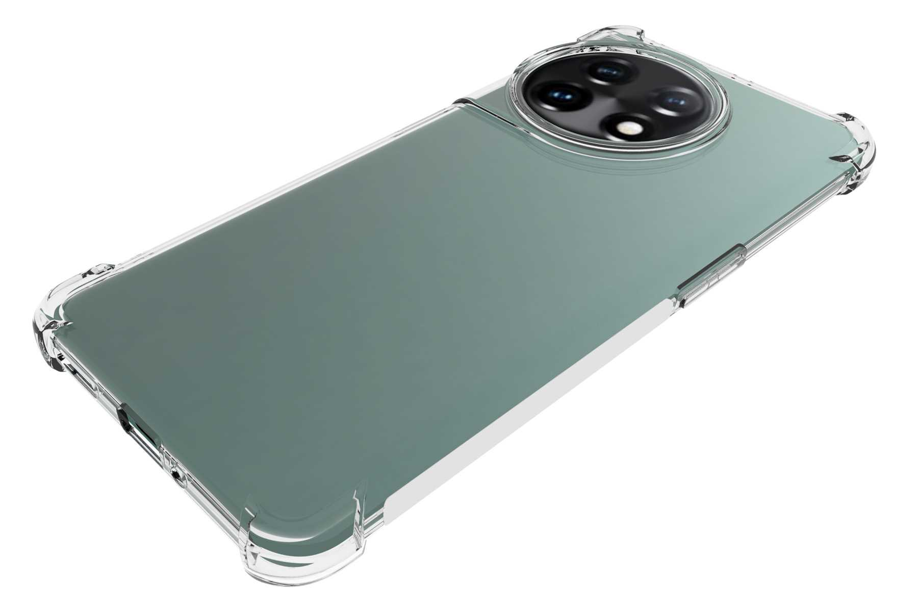 Eine transparente Handyhülle auf einem grünen Telefon.