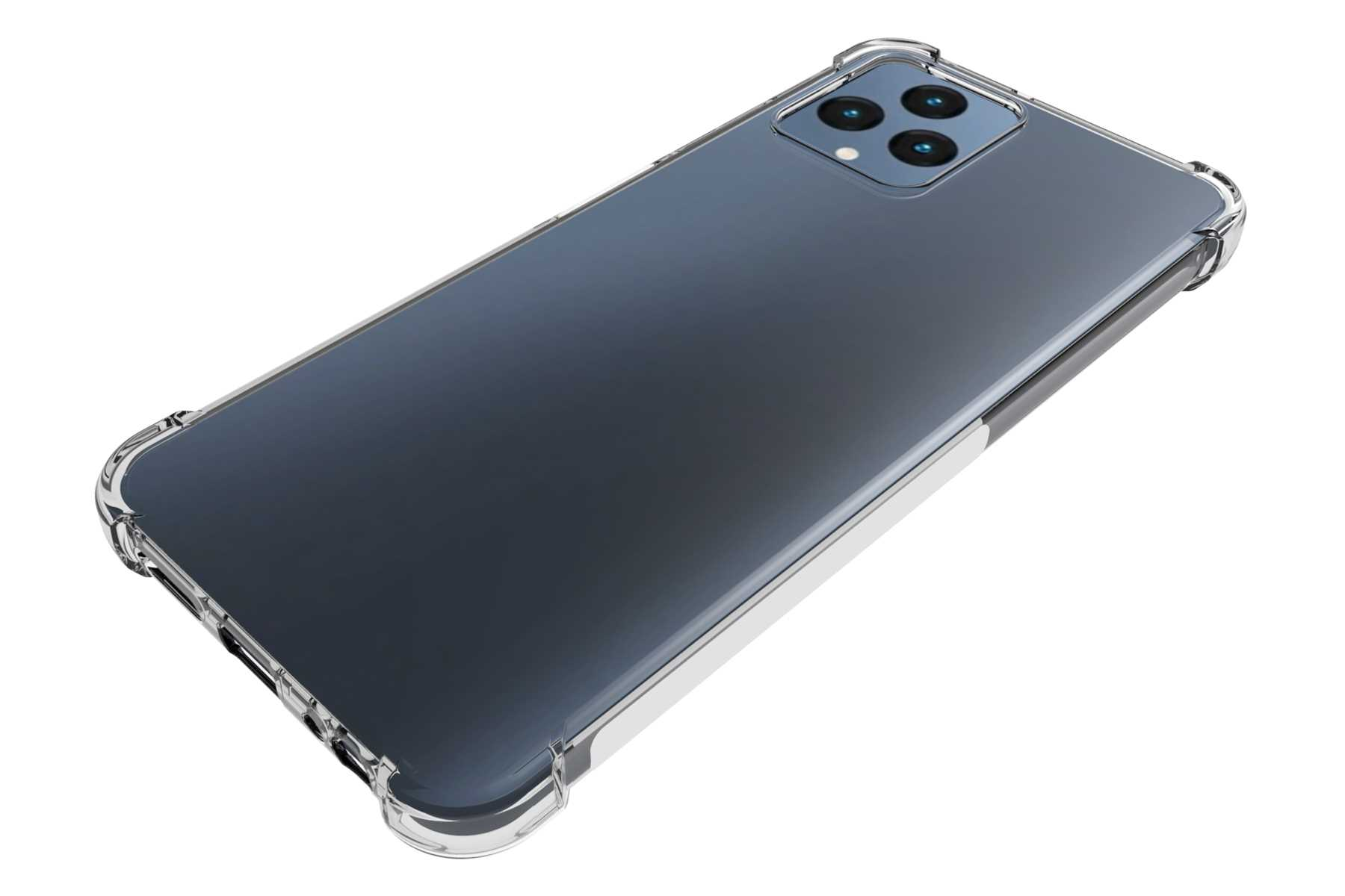 Eine transparente Handyhülle mit einem schwarzen Telefon darin. Die Hülle hat eine klare Rückseite.
