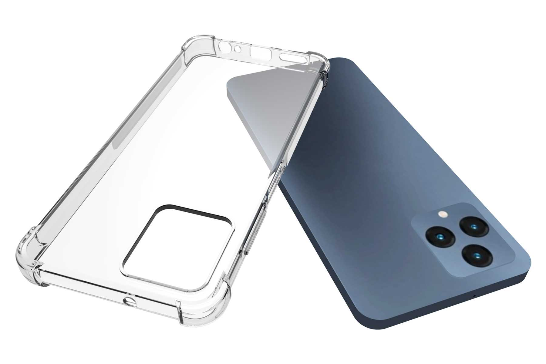 Eine transparente Handyhülle und ein blaues Handy. Die Handyhülle befindet sich vor dem Handy und zeigt die Rückseite.