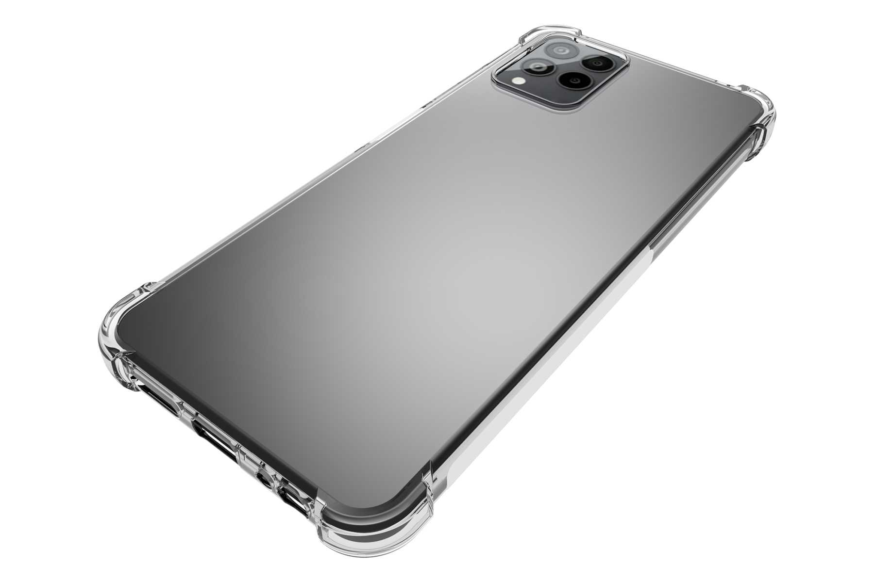 Eine transparente Handyhülle auf einem Telefon, mit klaren Kanten und Eckenschutz.