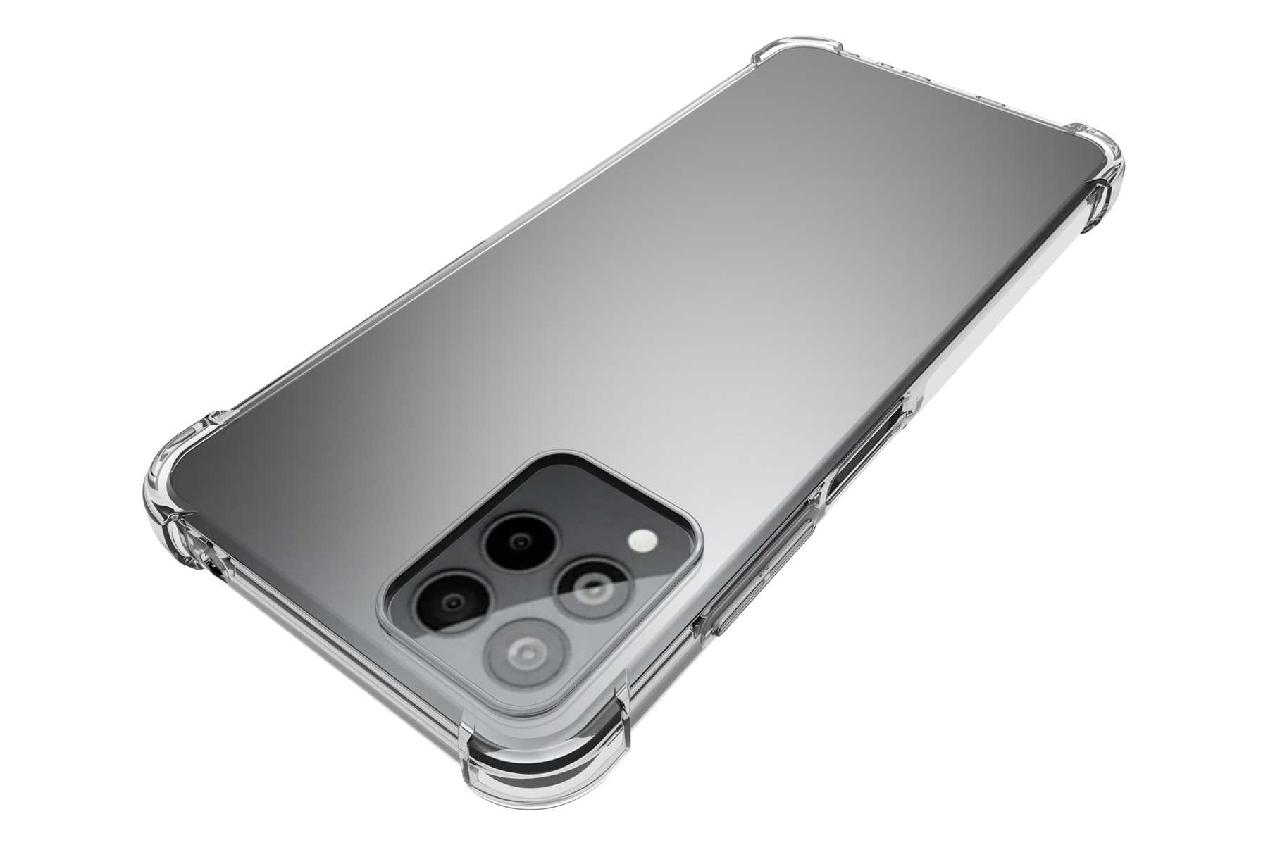 Transparente Handyhülle. Telefon innen, Rückkamera und Tasten sichtbar. Transparent, glatte Oberfläche.