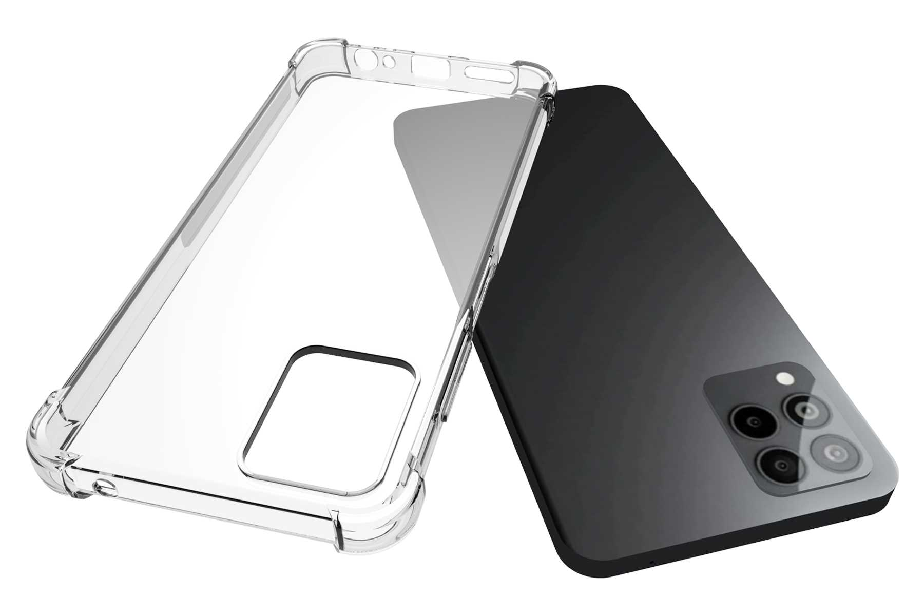 Eine transparente Handyhülle neben einem schwarzen Telefon. Der Hintergrund ist weiß.