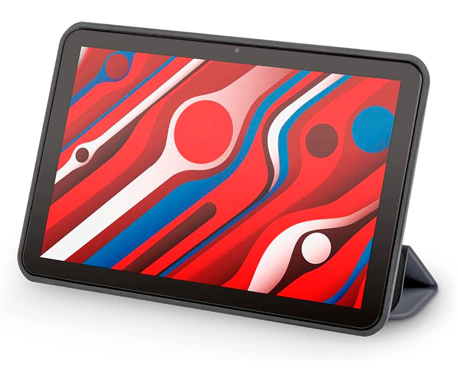 Tableta con diseño abstracto rojo y azul en pantalla, en funda gris oscura.