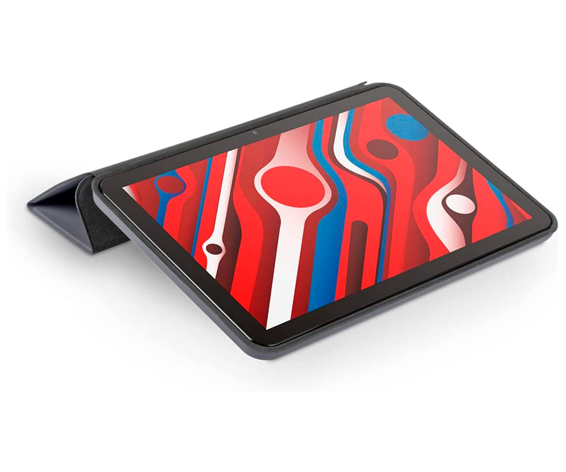 Tableta en una funda, mostrando un diseño abstracto colorido. La funda está parcialmente abierta.